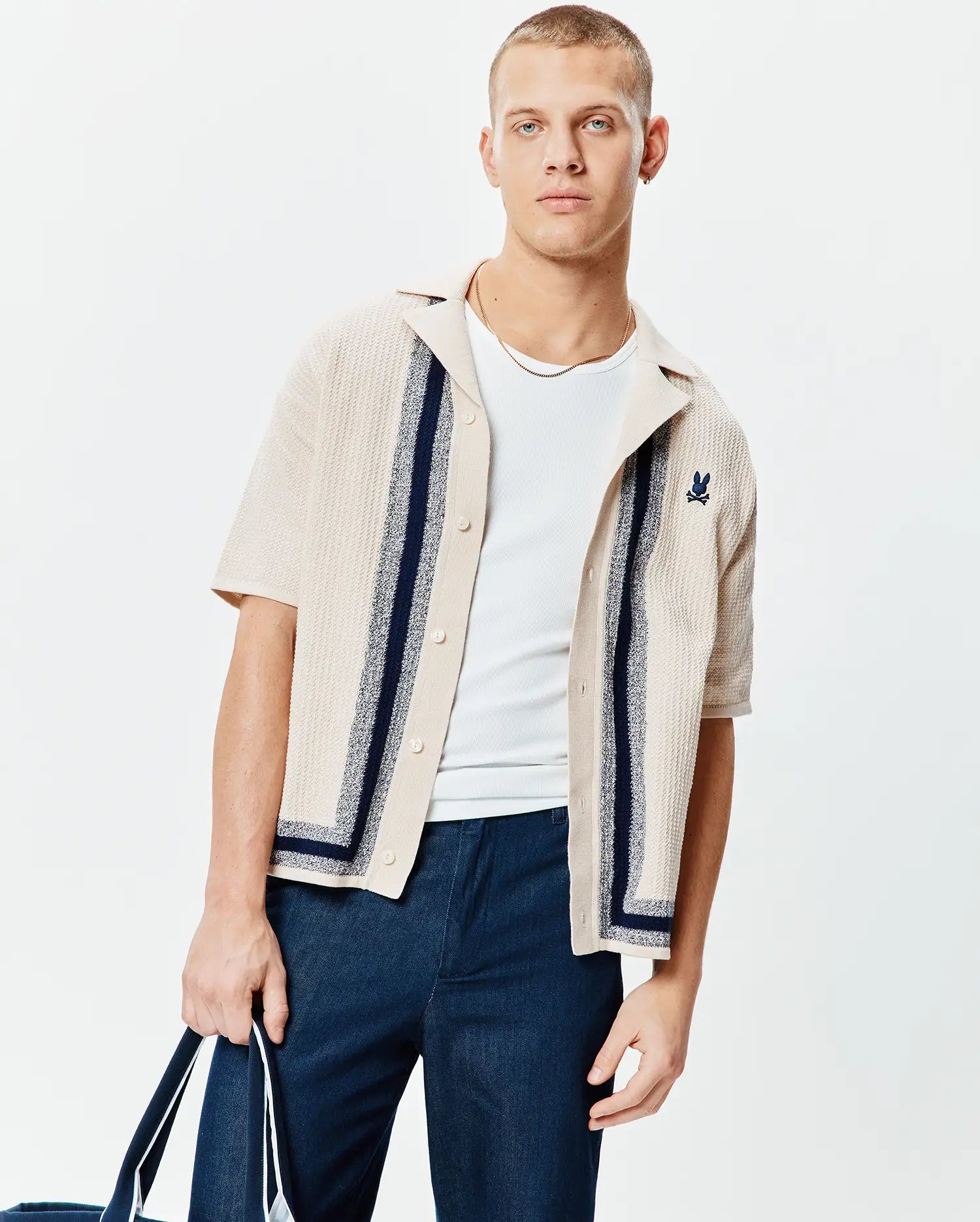 Psycho Bunny Men's Shirts Giles Relaxed Fit Border Knit Shirt camicia beige