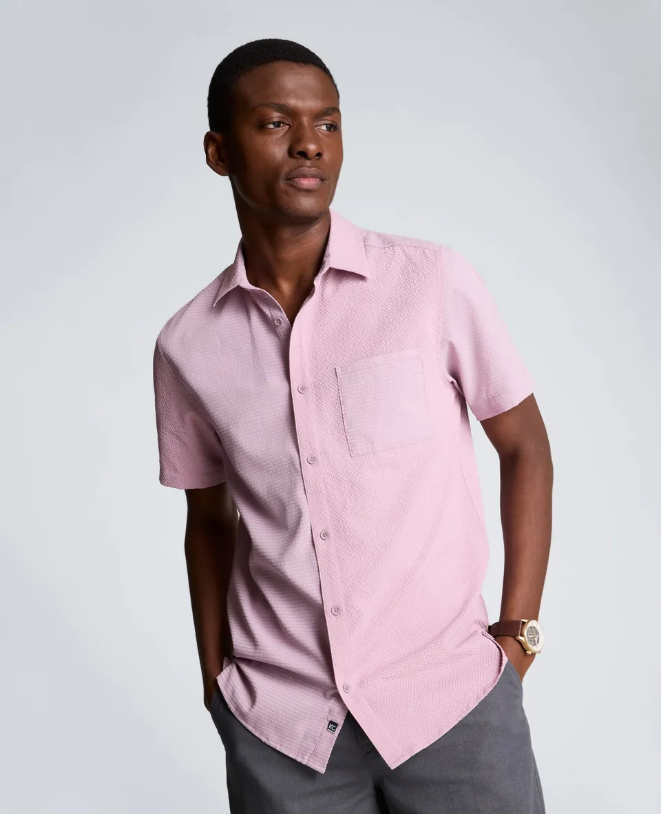 Kenneth Cole Reaction Clothing Slim Fit Short-Sleeve Mixed-Media Sport Shirt camicia rosa
