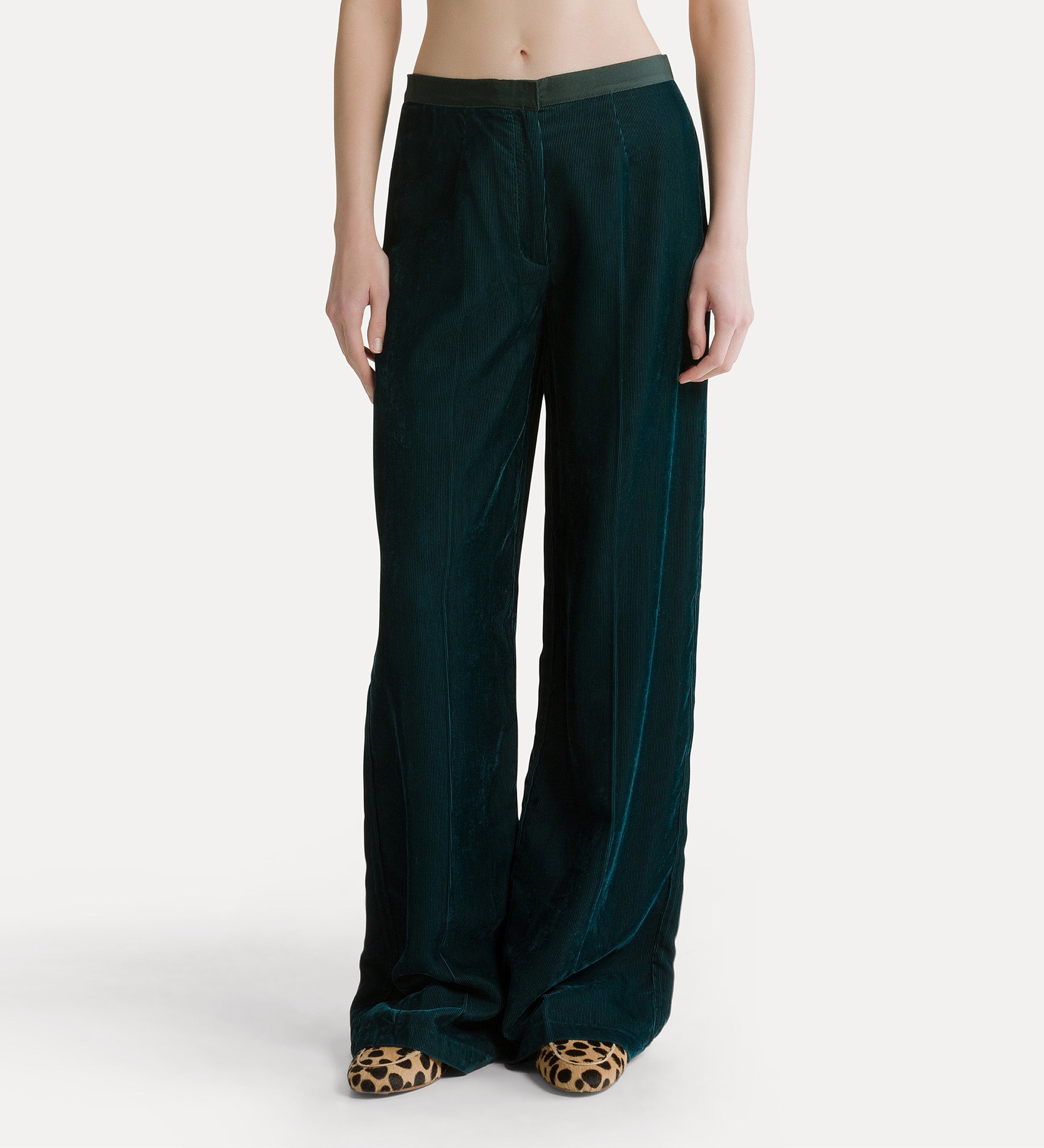 Forte pantaloni pantaloni in velluto a coste vita alta jade
