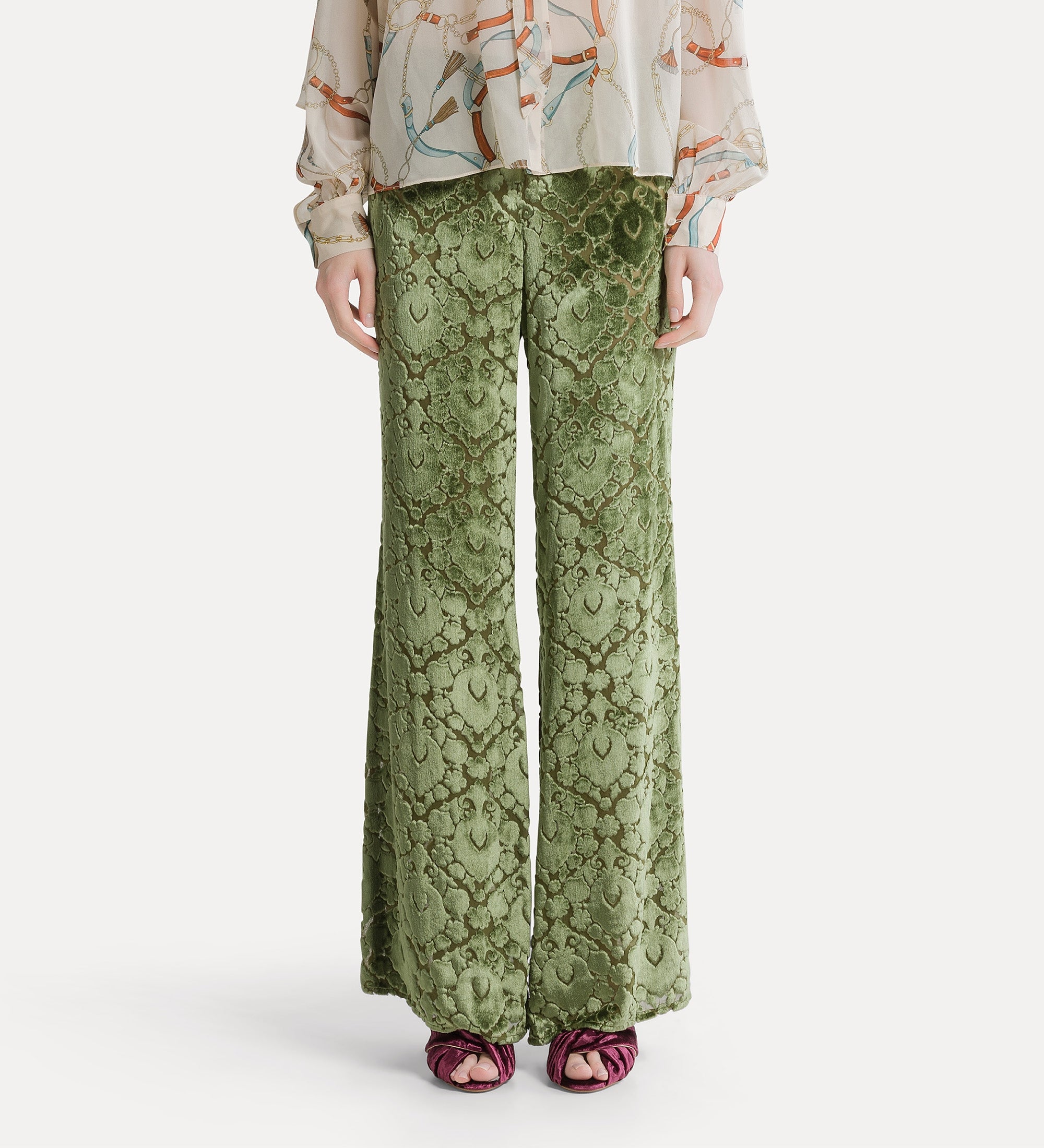 Forte pantaloni pantaloni svasati in velluto floreale verde