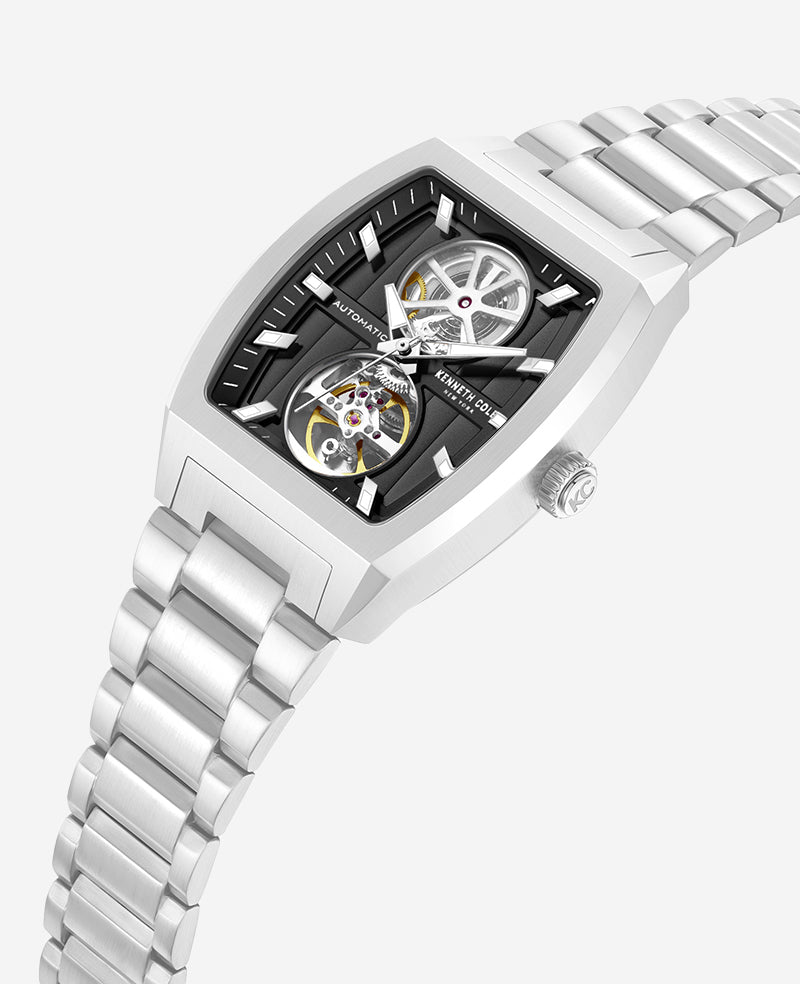 Kenneth Cole Reaction Skeleton Automatic Black Dial Stainless Steel Bracelet Watch orologio nero