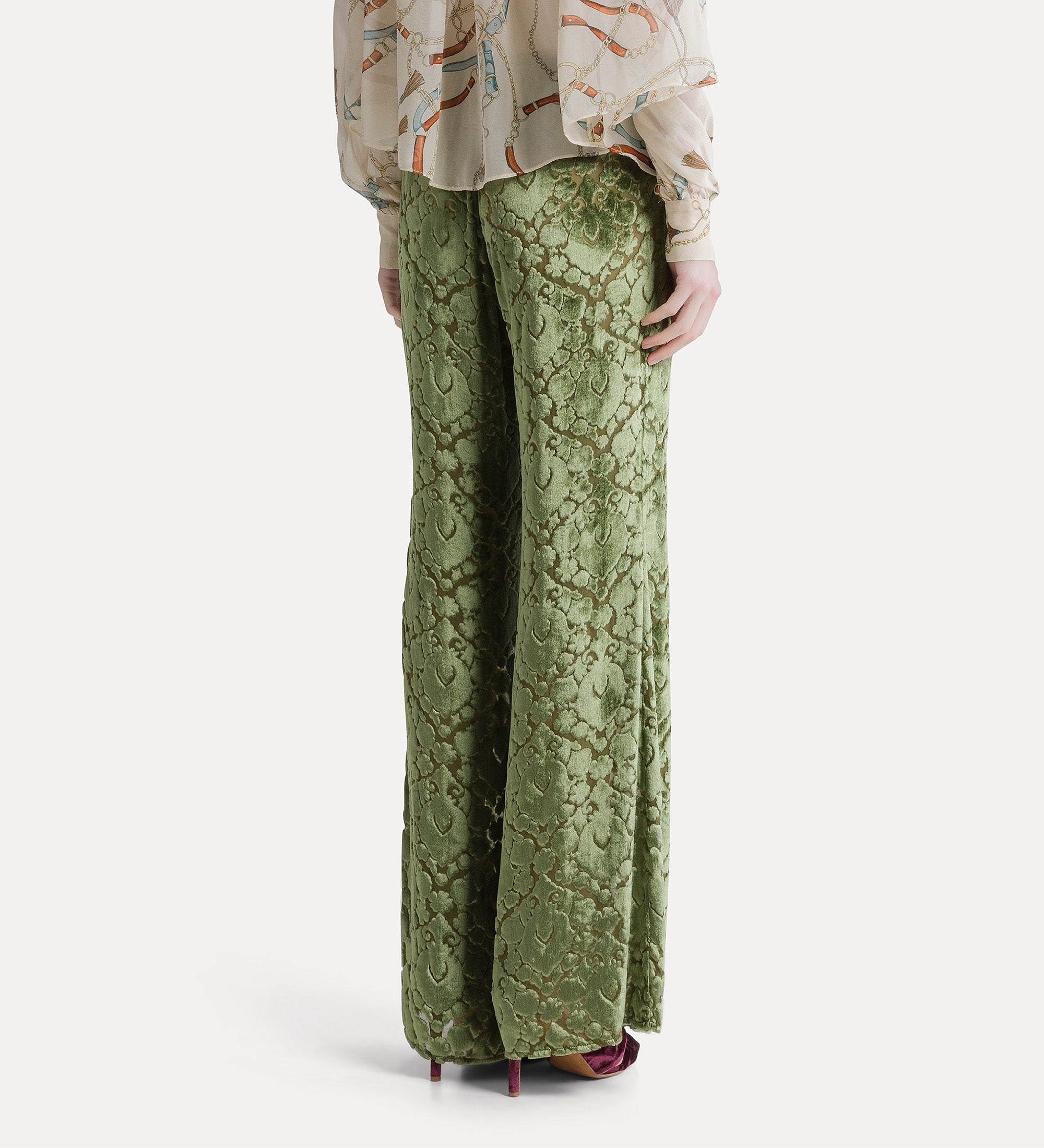 Forte pantaloni pantaloni svasati in velluto floreale verde