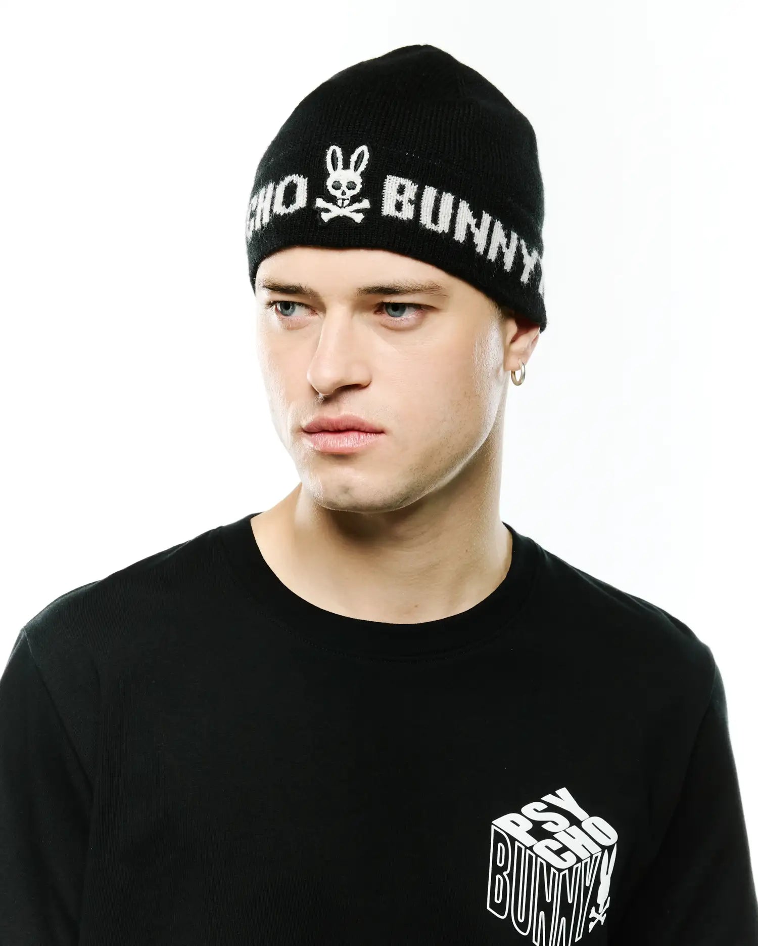 Psycho Bunny Accessories Men's Eugene Merino Beanie berretto nero lana merino