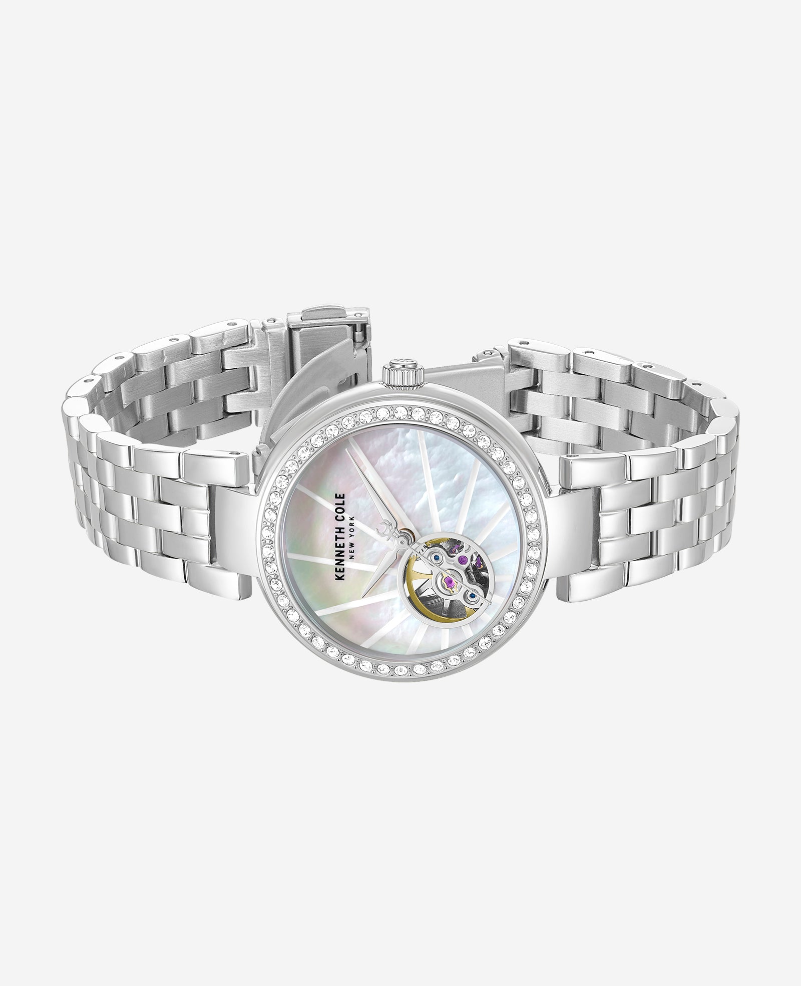 Kenneth Cole Reaction Watches Open Heart Automatic Crystal Lined MOP Dial Bracelet Watch orologio argento