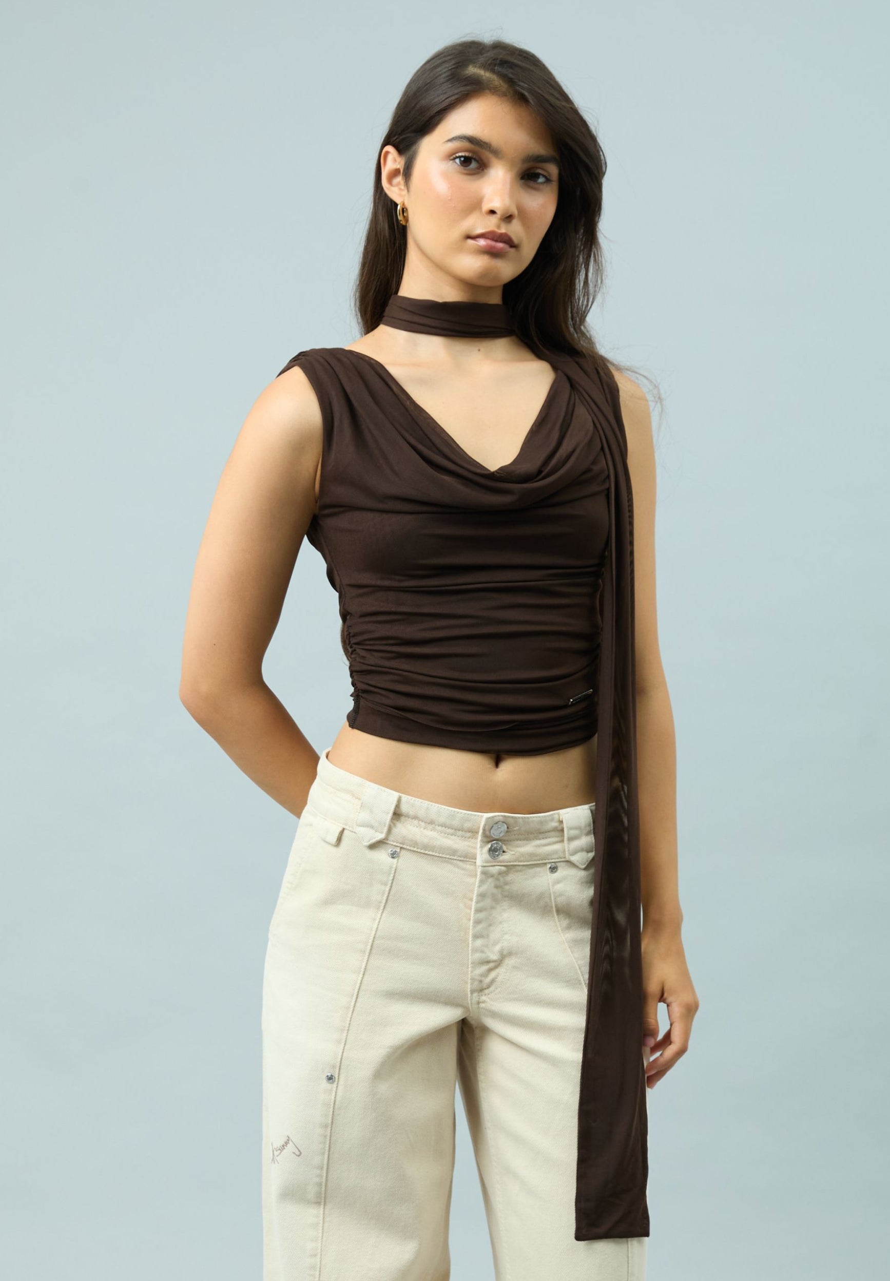 House Of Sunny Womens Tops CHOCOLATE SECOND SKIN DRAPED top mesh