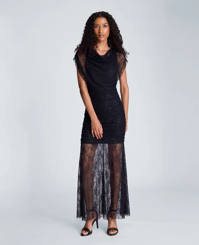 Kenneth Cole Reaction Clothing Sheer Overlay Maxi Stretch Lace Dress abito nero in pizzo