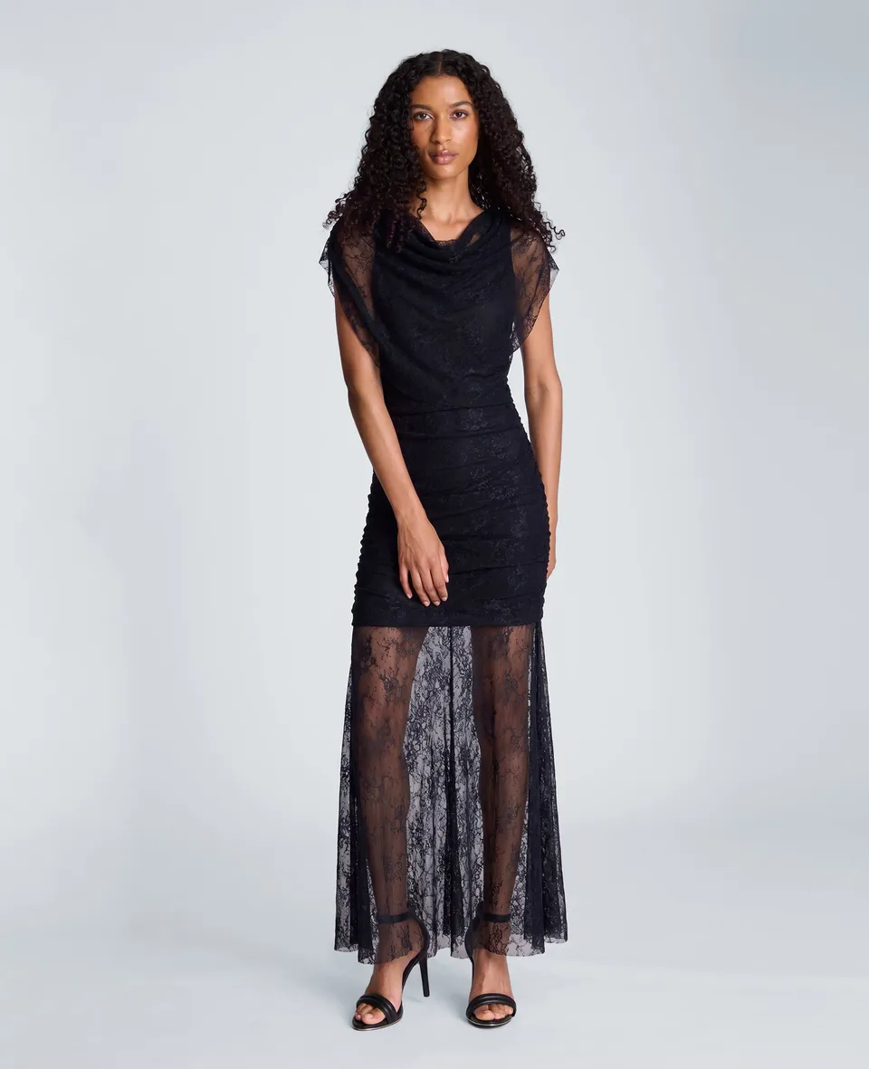 Kenneth Cole Reaction Clothing Sheer Overlay Maxi Stretch Lace Dress abito nero in pizzo