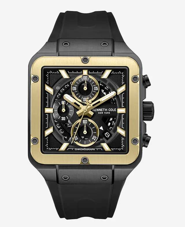 Kenneth Cole Reaction Watches Skeleton Automatic Gold Tone Bezel Black Silicone Strap Watch orologio nero
