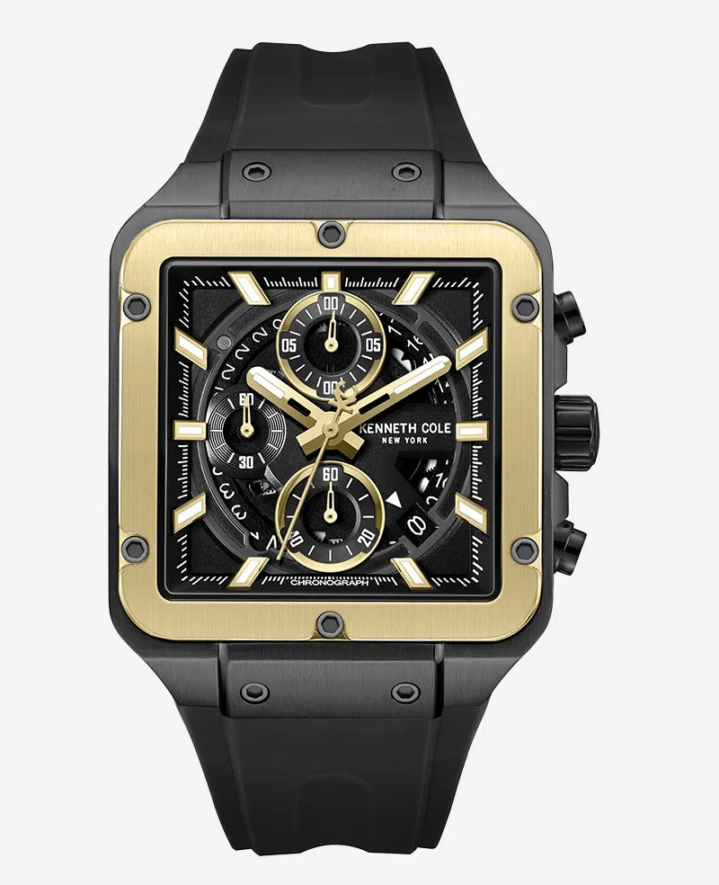 Kenneth Cole Reaction Watches Skeleton Automatic Gold Tone Bezel Black Silicone Strap Watch orologio nero