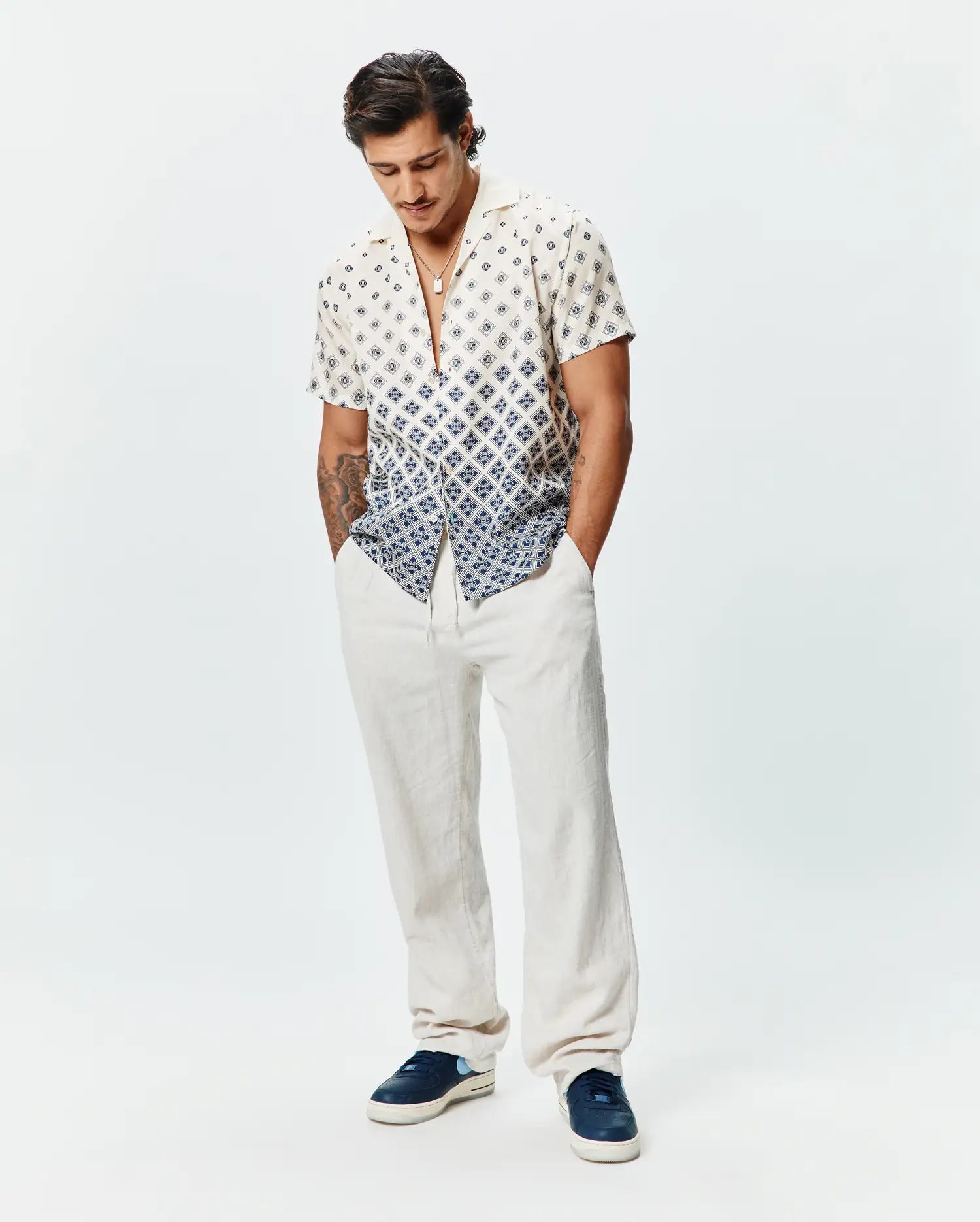 Psycho Bunny Men's Shirts Tobias Tencel Shirt camicia bianca fantasia