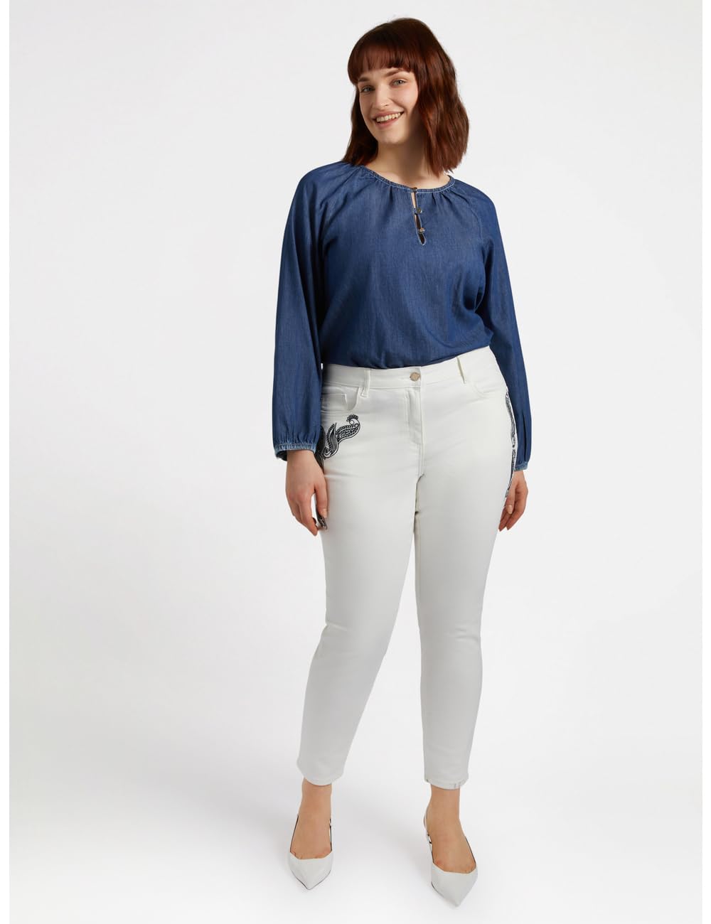 Fiorella Rubino Pantaloni Skinny Ricamati, taglie 50-54 Plus, disegno cashmere