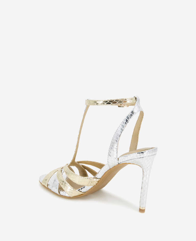 Kenneth Cole Reaction Shoes Liona Metallic Embossed Snake Heel sandali argento/oro 5 tacco 9,9 cm