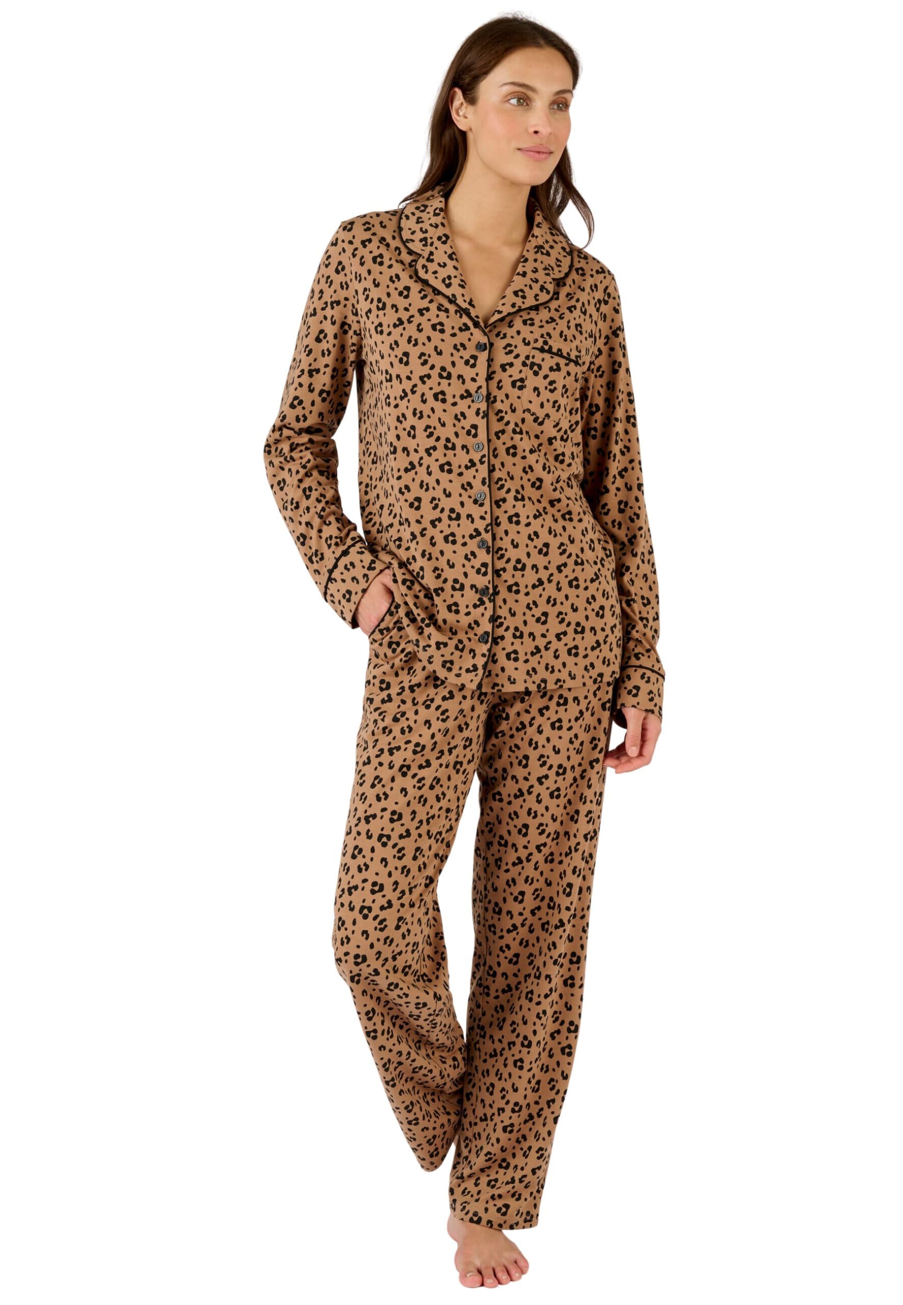 Damart Homewear Pigiama da donna con bottoni Thermolactyl XS marrone beige animale caldo
