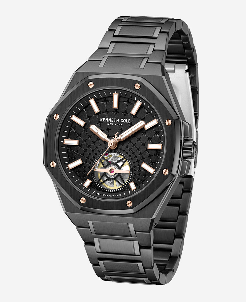 Kenneth Cole Reaction Watches Skeleton Automatic Black Rose Gold Stainless Steel Bracelet Watch orologio automatico nero