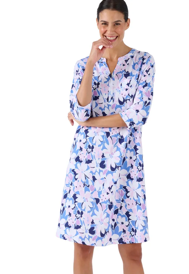 Damart Homewear camicia da notte colletto tunisino blu fiorito in cotone