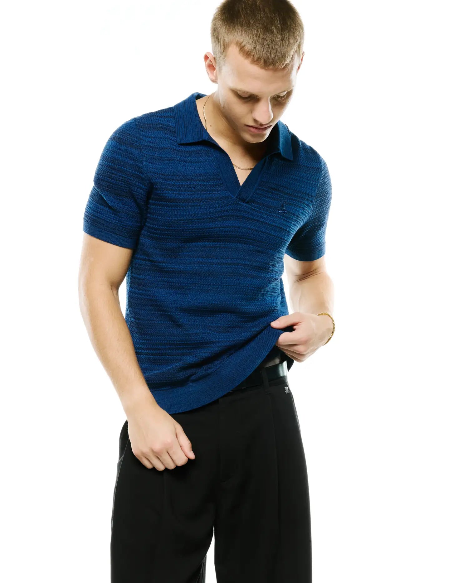 Psycho Bunny Men's Polos Devon Braided Knit polo Navy in cotone