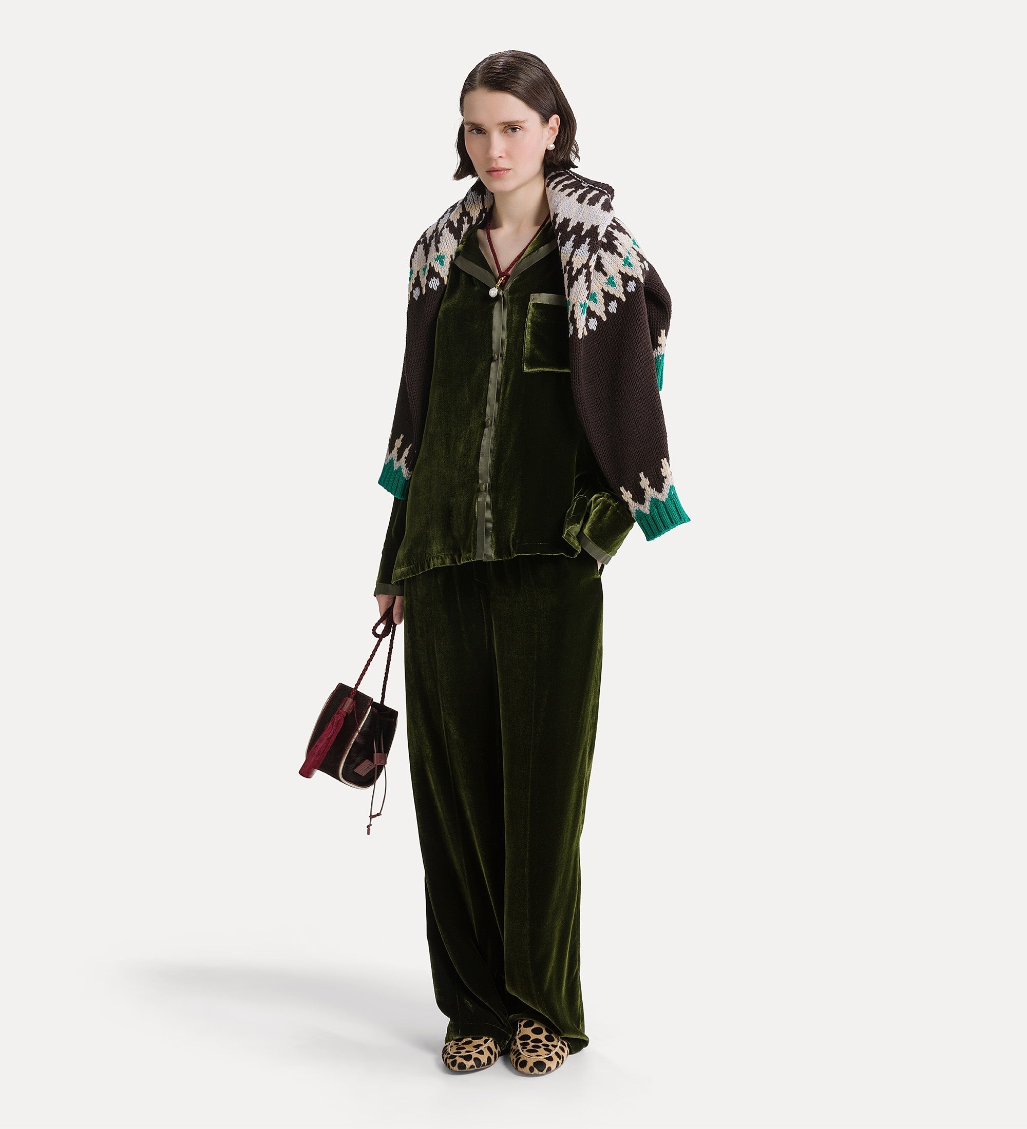Forte maglieria maglione Fair Isle in lana vergine marrone