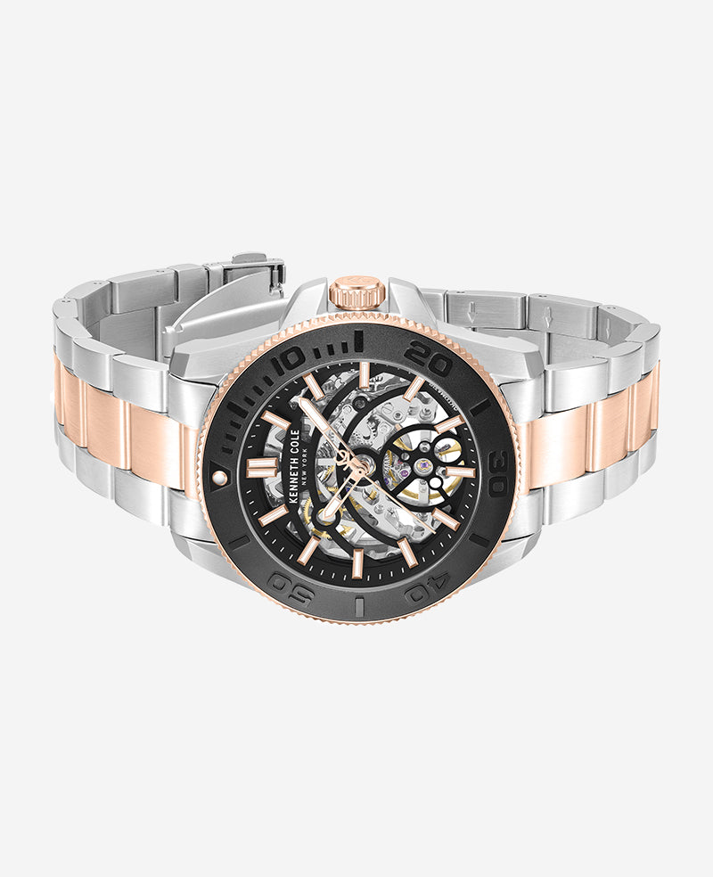 Kenneth Cole Reaction Watches Skeleton Automatic Black Contrast Dial Two Tone Bracelet Watch orologio automatico uomo bicolore
