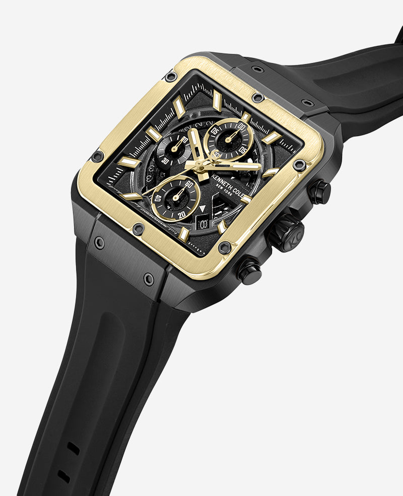 Kenneth Cole Reaction Watches Skeleton Automatic Gold Tone Bezel Black Silicone Strap Watch orologio nero