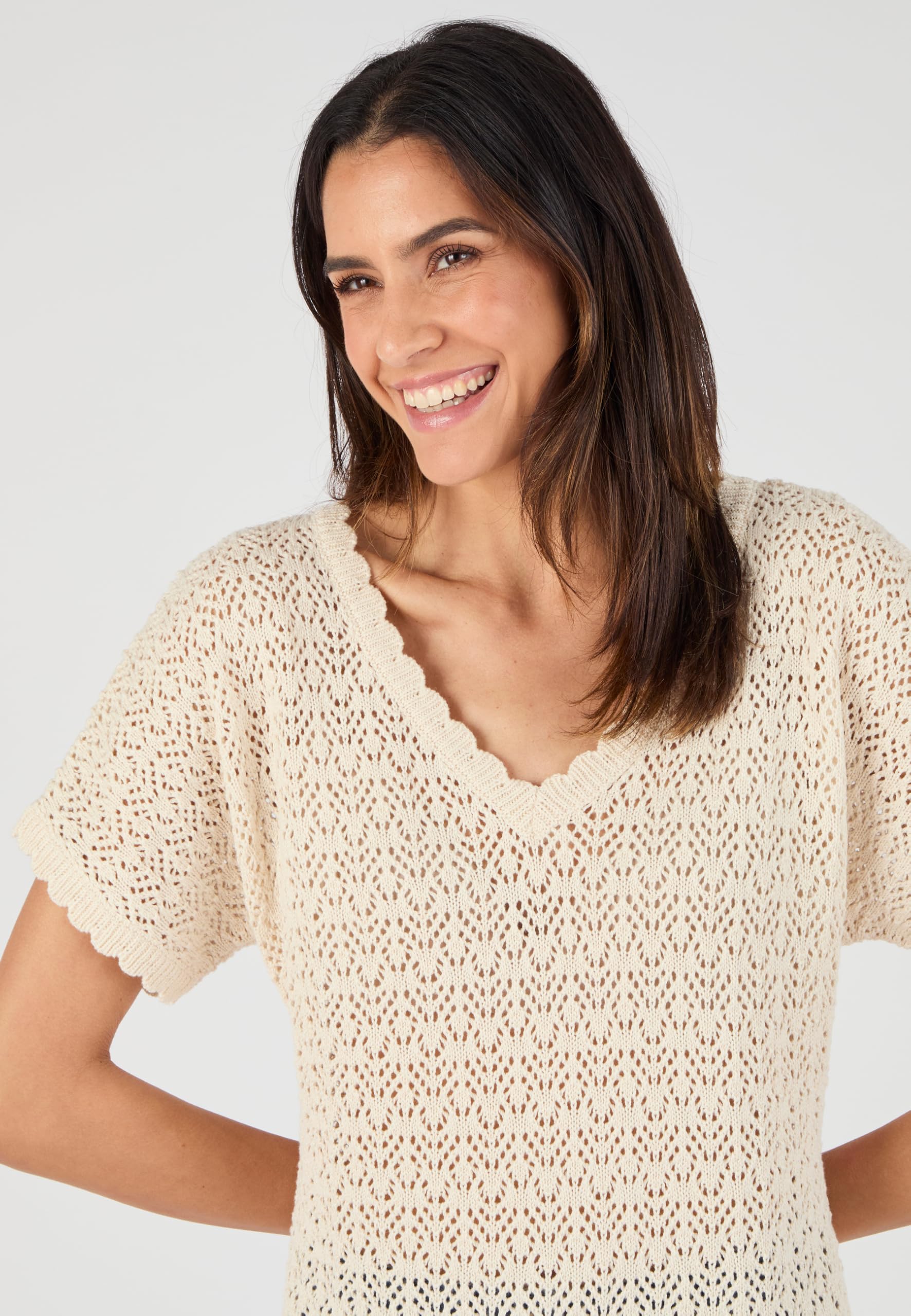Damart Prêt-à-porter Maglione a maglia a punta da donna marrone ecru 38-40 in cotone