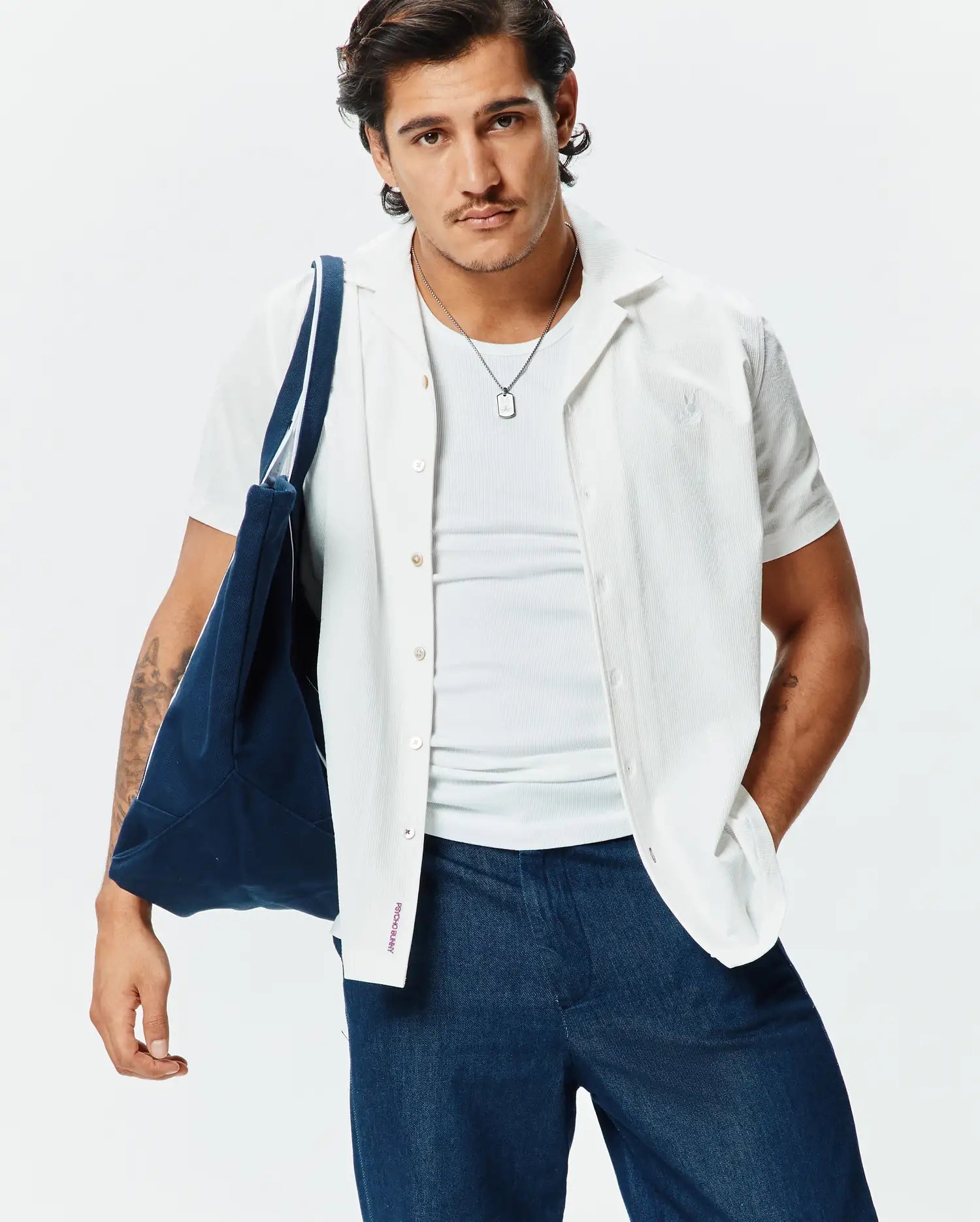 Psycho Bunny Men's Shirts Jayme Knit Shirt camicia bianca in seersucker