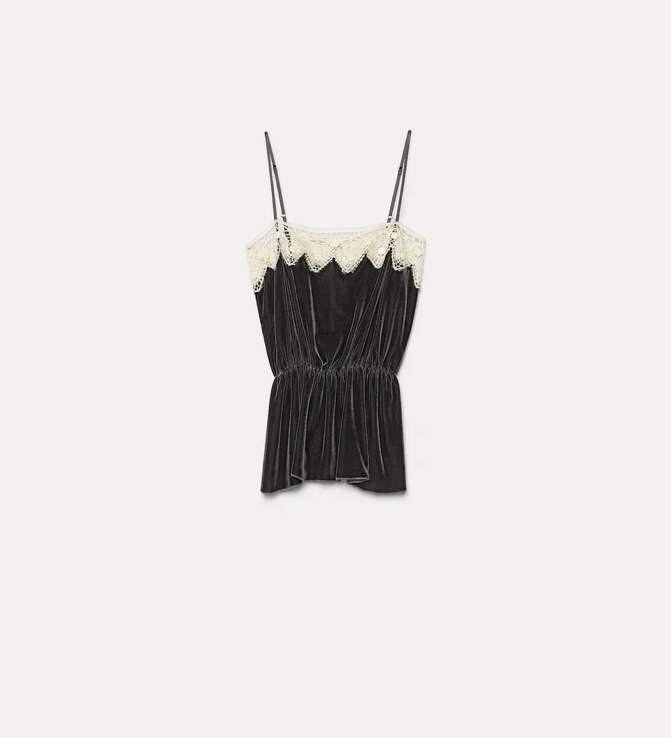 Forte top velvet and lace top top grigio in velluto