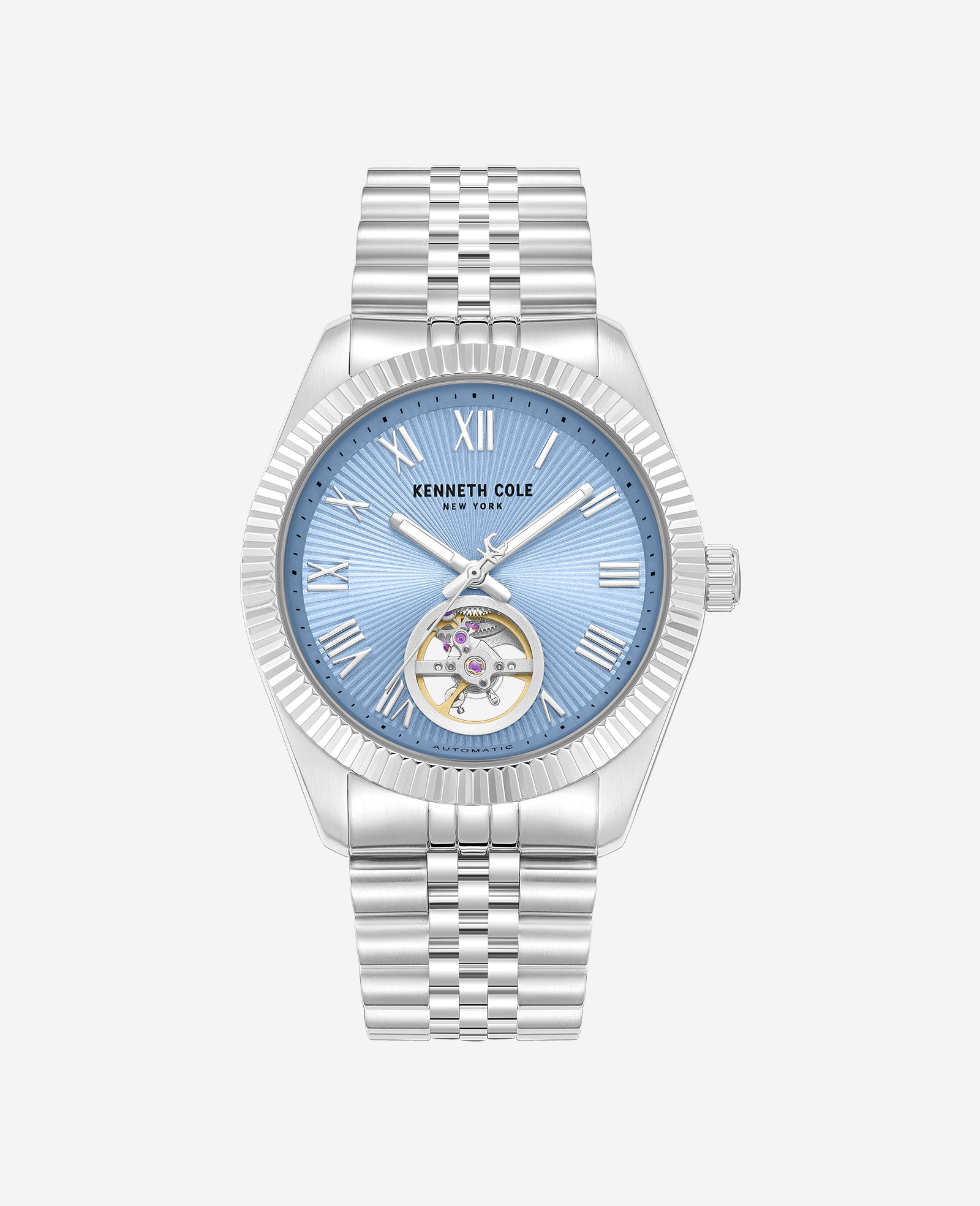 Kenneth Cole Reaction Watches Open Heart Automatic Bracelet Watch orologio automatico argento quadrante azzurro