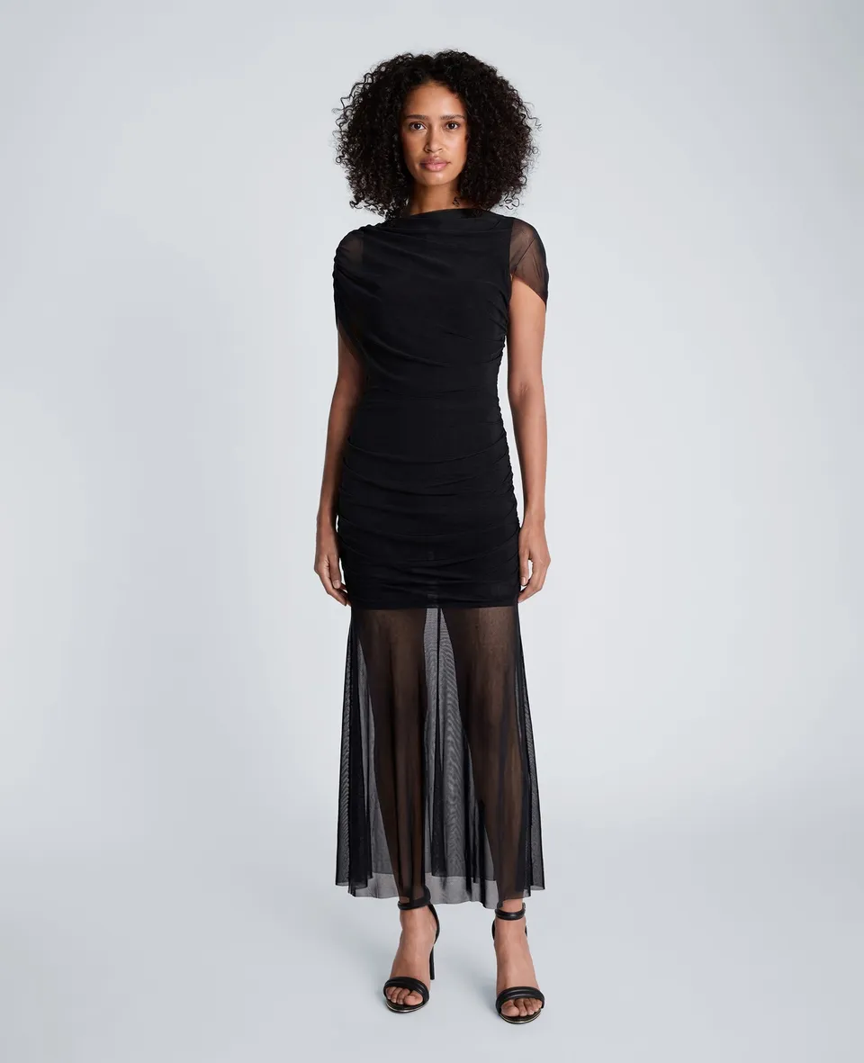Kenneth Cole Reaction Clothing Sheer Overlay Maxi Dress abito lungo nero in tripla rete