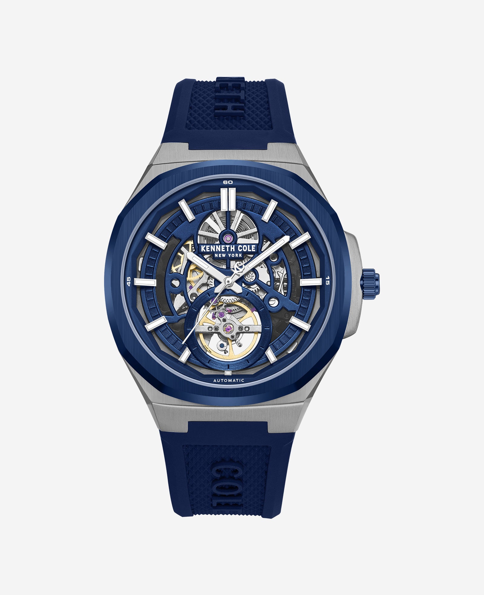 Kenneth Cole Reaction Watches Skeleton Automatic Silicone Strap Watch Orologio Uomo Blu 5 ATM