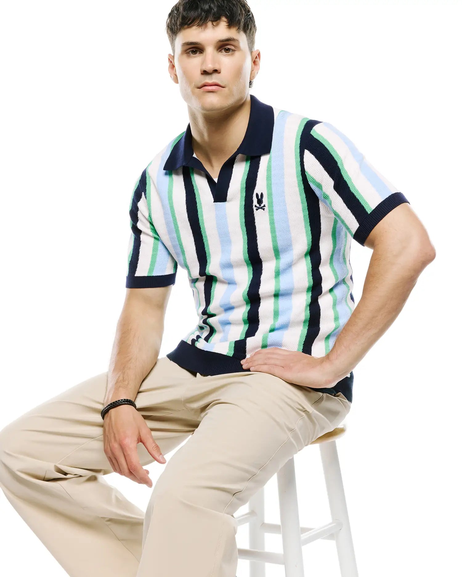 Psycho Bunny Men's Polos Wren Striped Knit Polo polo blu a righe in cotone