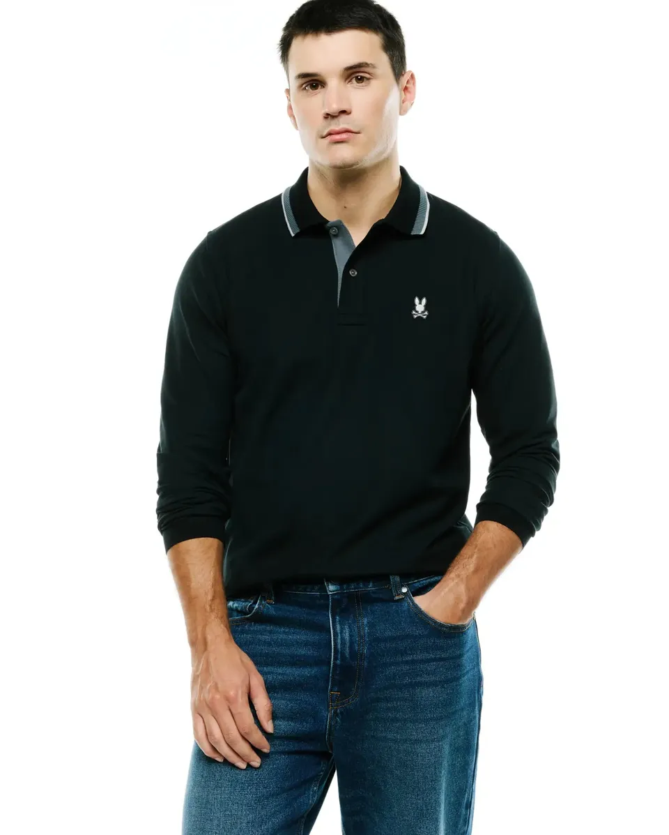 Psycho Bunny Men's Polos Grover Pique Longsleeve polo nera manica lunga
