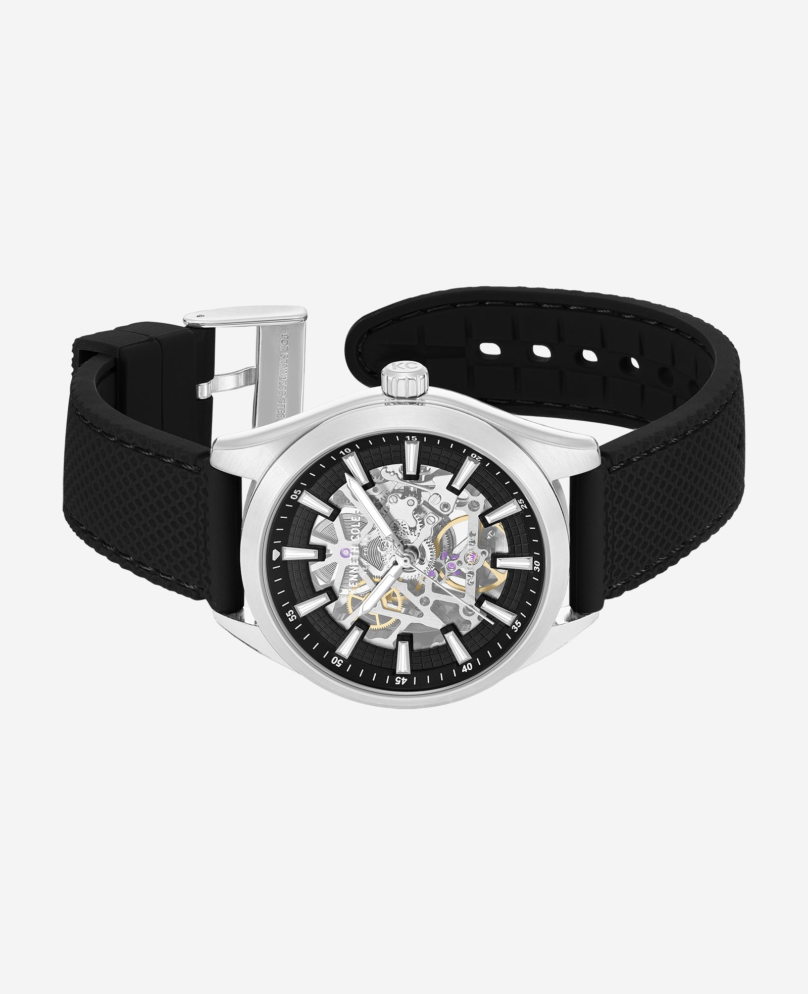 Kenneth Cole Reaction Watches Skeleton Automatic Silicone Strap Watch orologio nero