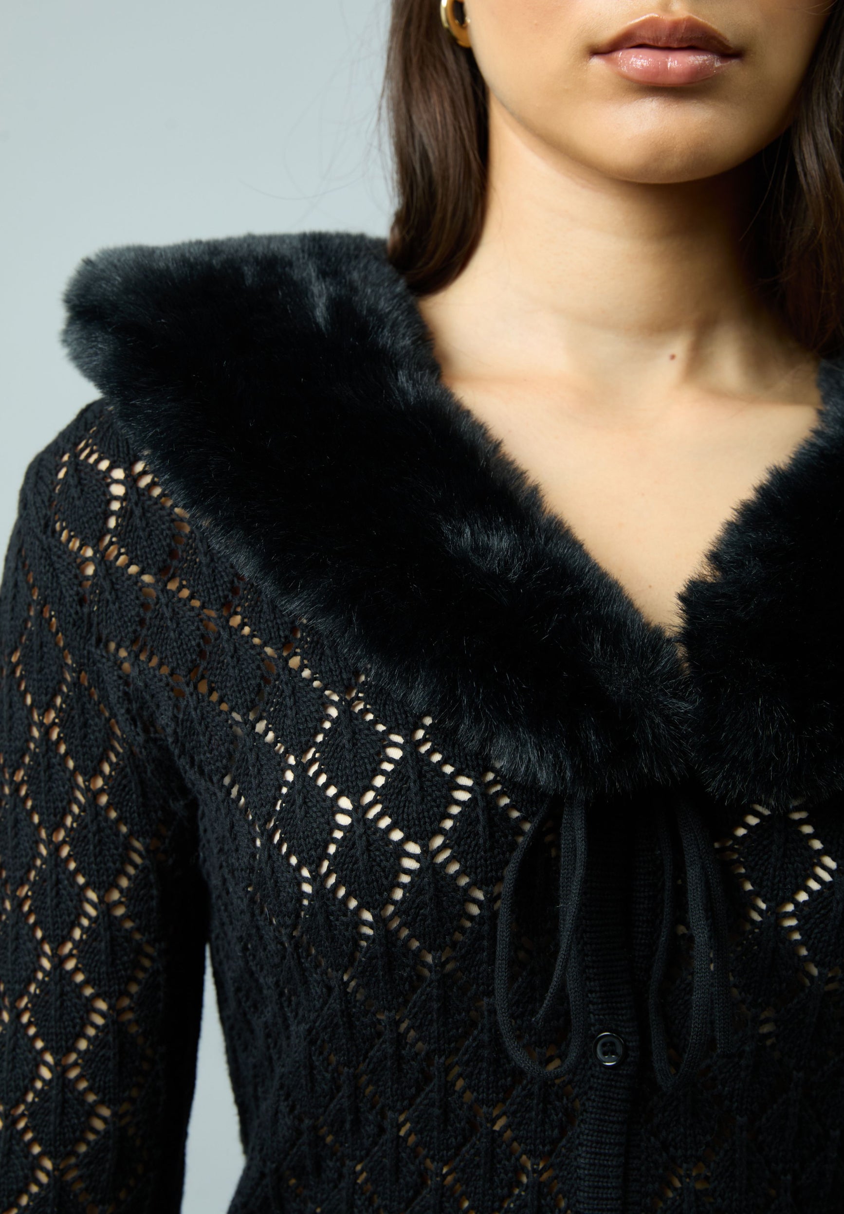 House Of Sunny Women's Knitwear Black Fur Collar Peggy maglia nera in cotone