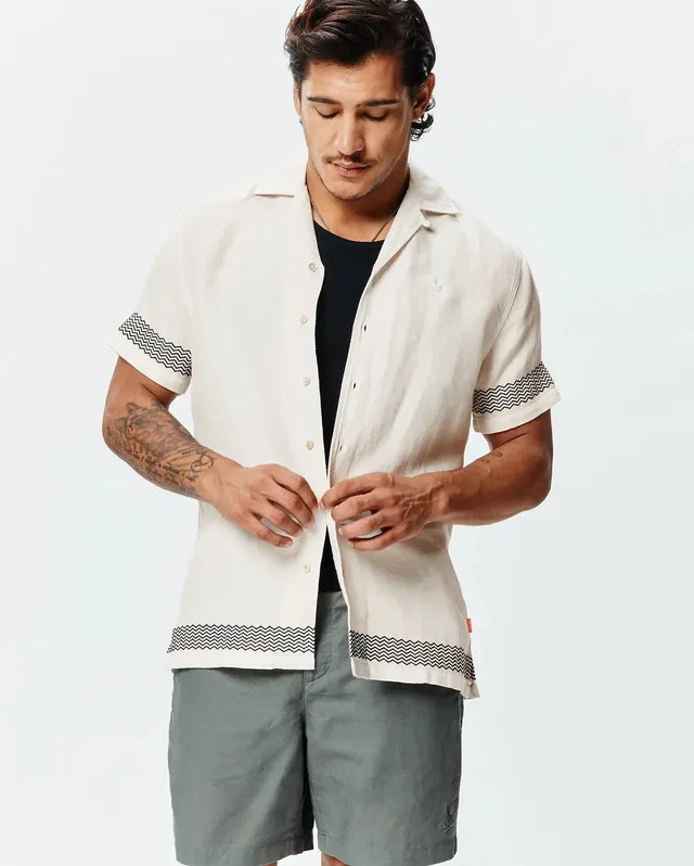 Psycho Bunny Men's Shirts Sunny Linen Shirt camicia bianca in lino e cotone