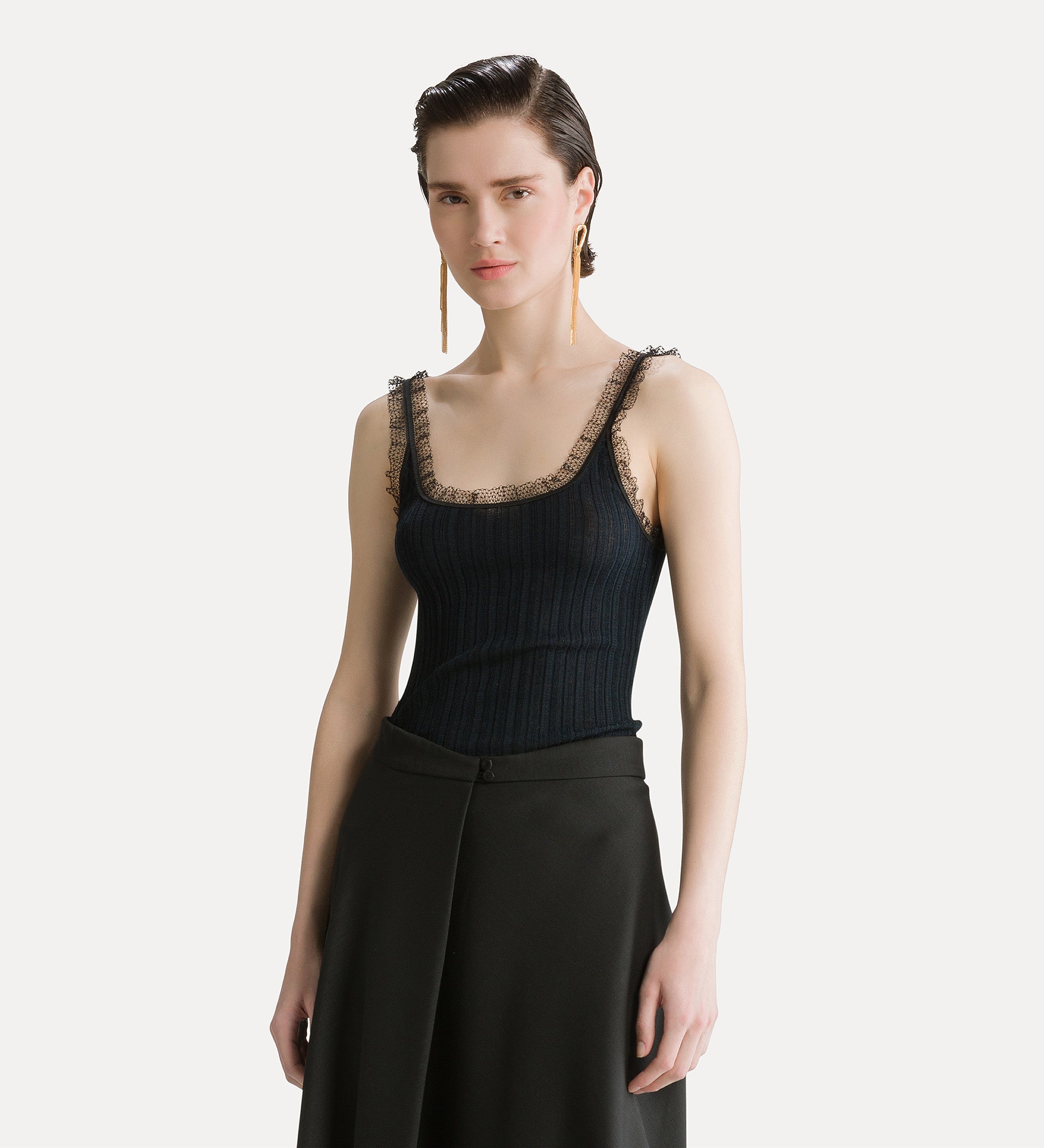 Forte maglieria Chic top a costine notte con pizzo