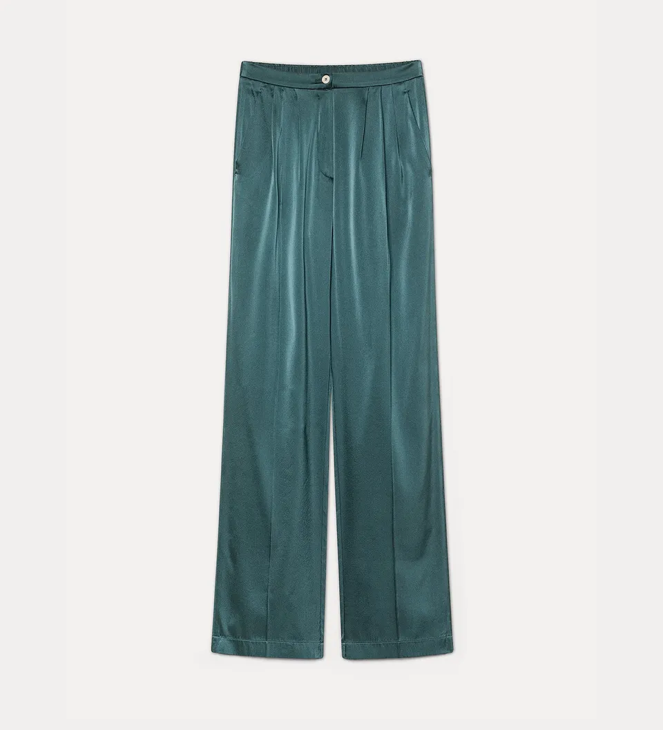 Forte pantaloni in raso di seta plissettati jade