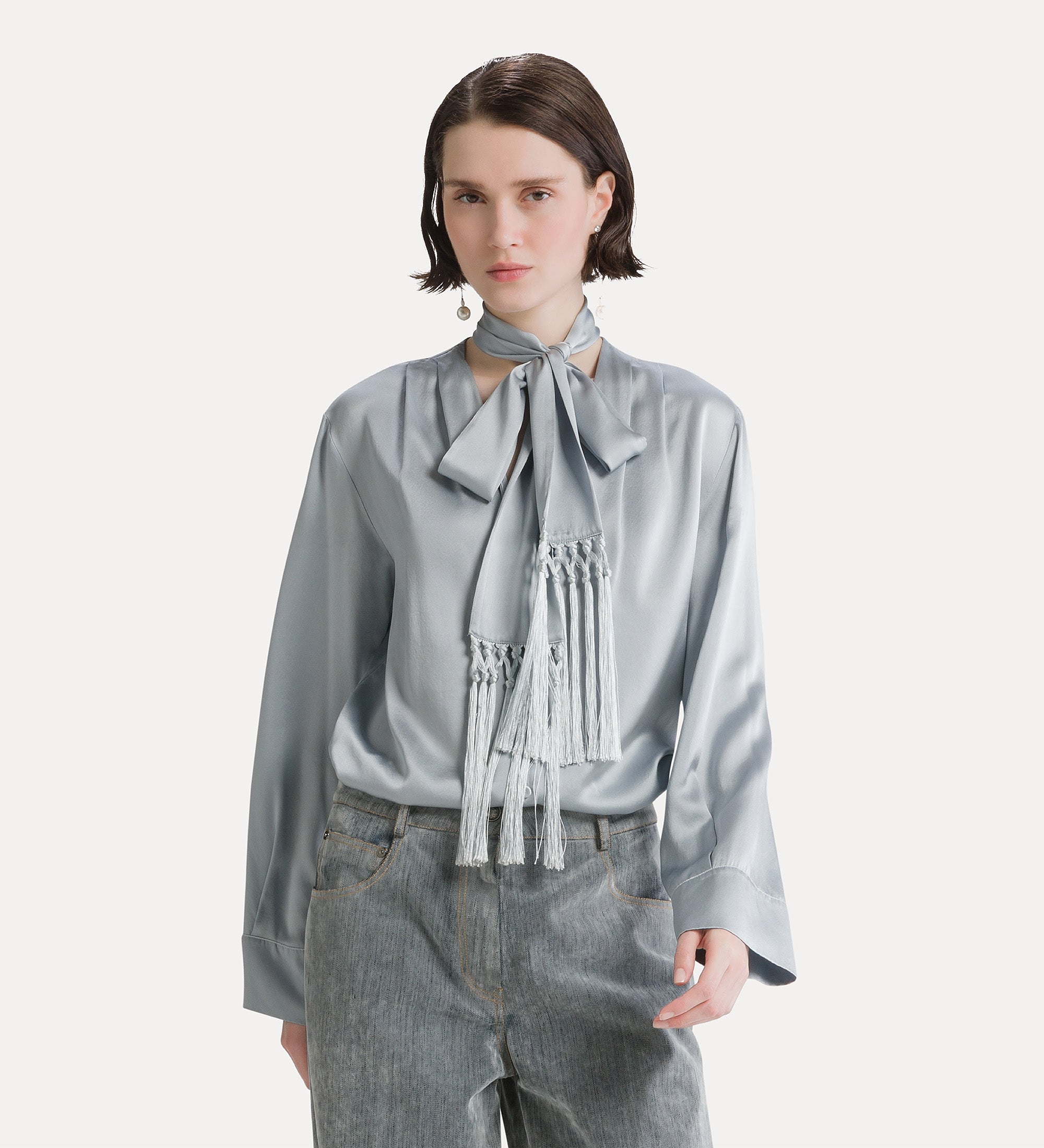 Forte camicie Silk Satin Shirt camicia grigia in seta pura con foulard