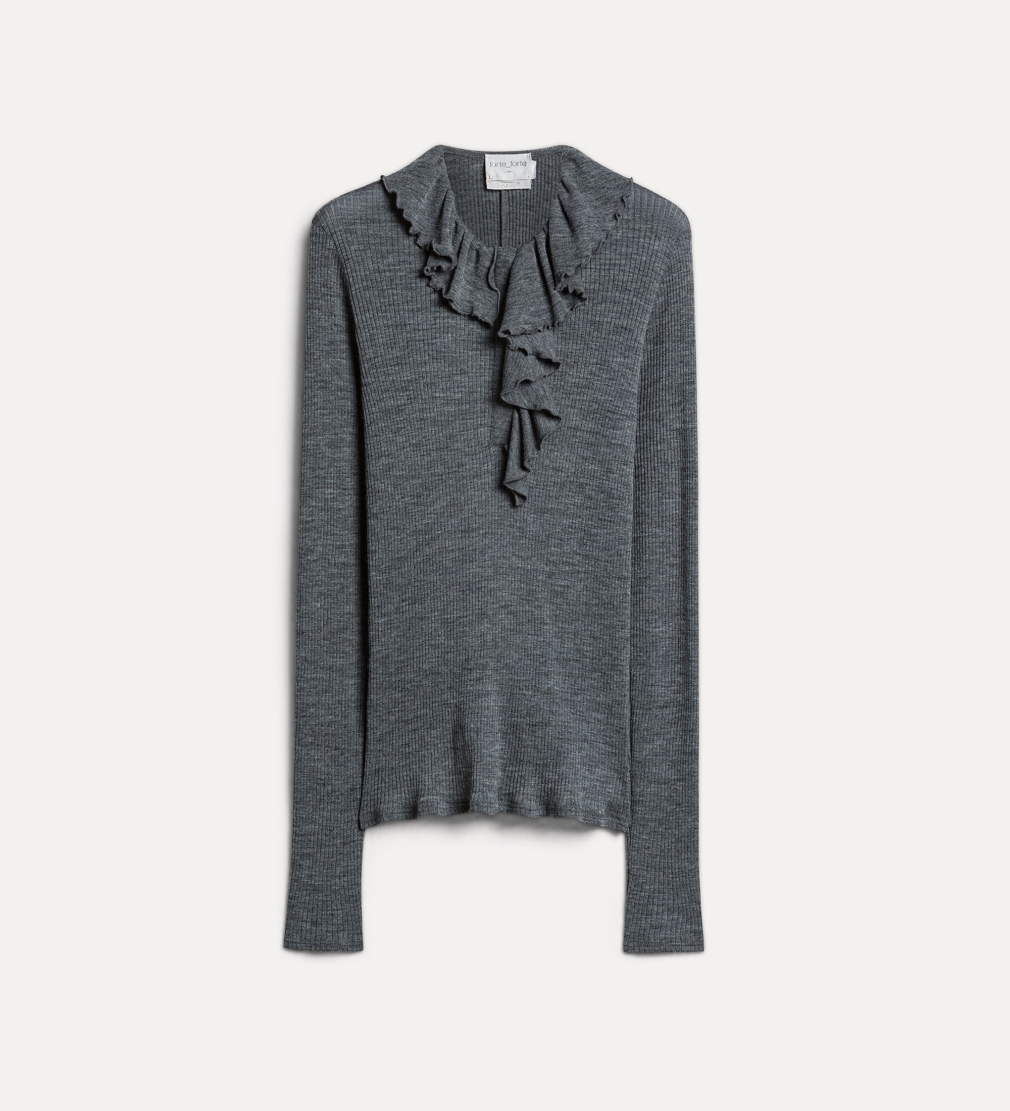 Forte maglieria maglia Henley grigia a coste con volant