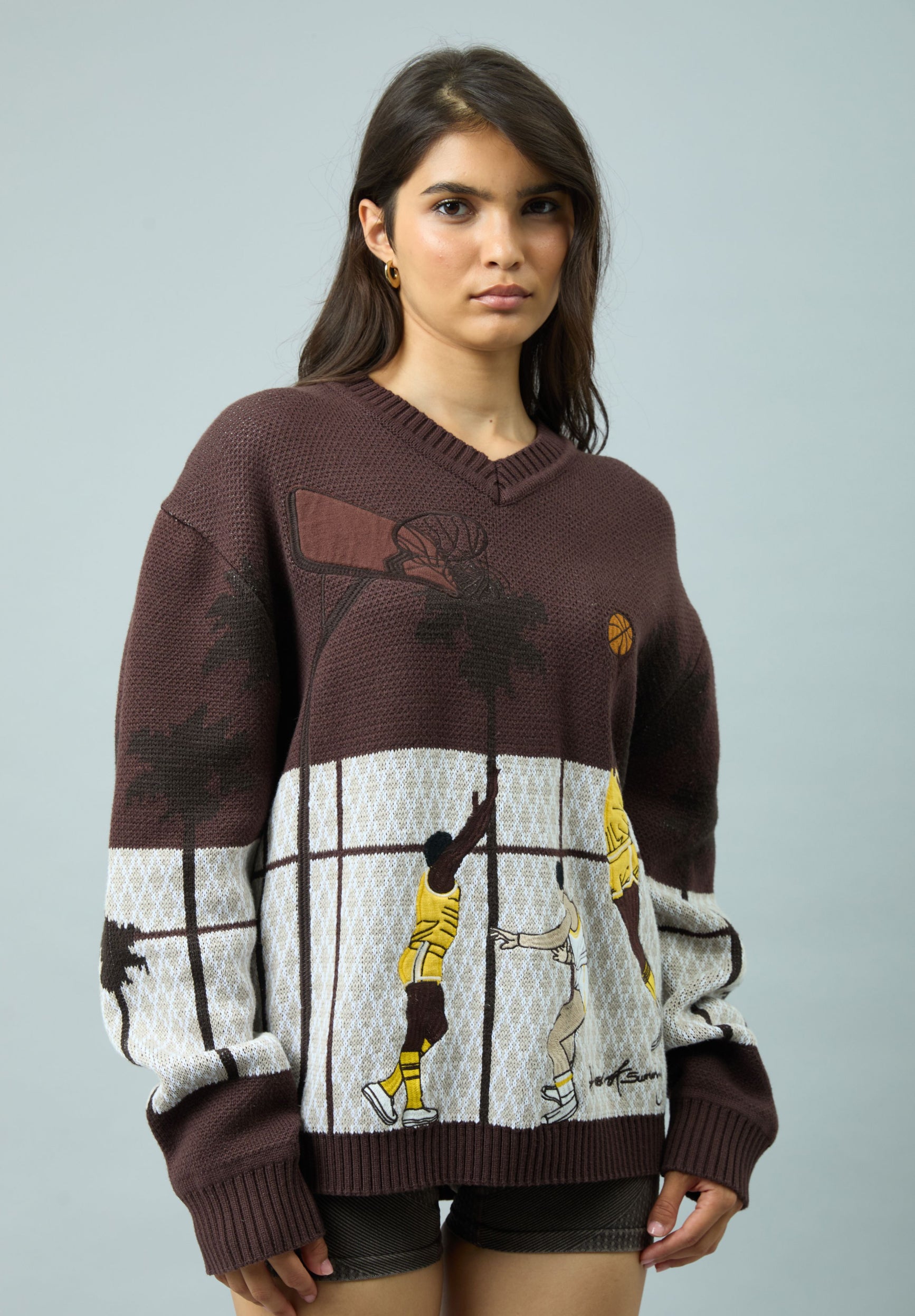 House Of Sunny Women's Knitwear SLAM DUNK WEST maglione jacquard marrone taglie UK S-XL