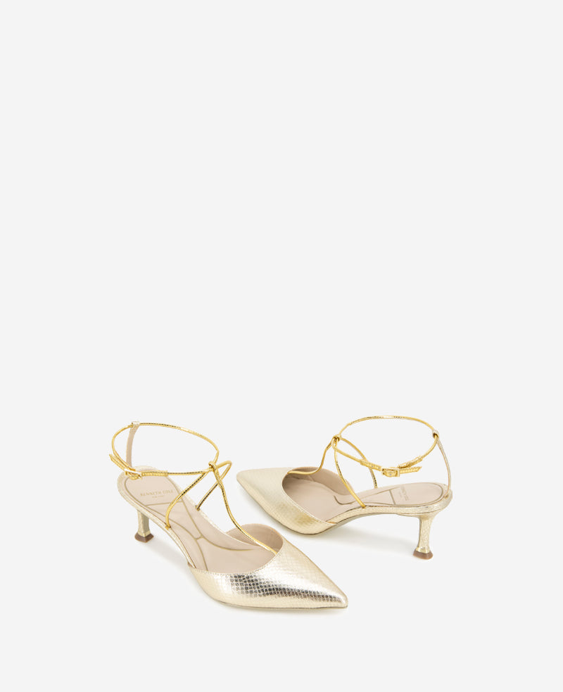 Kenneth Cole Reaction Shoes Umi T-Strap Metallic Heel scarpe con tacco oro serpente
