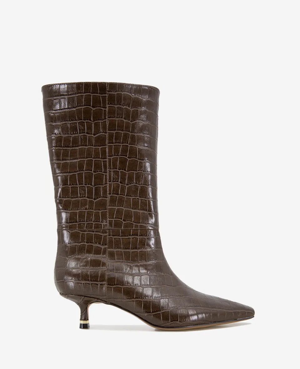 Kenneth Cole Reaction Shoes Meryl Leather Croco Bootie stivaletto in pelle marrone scuro 5 con tacco a stiletto