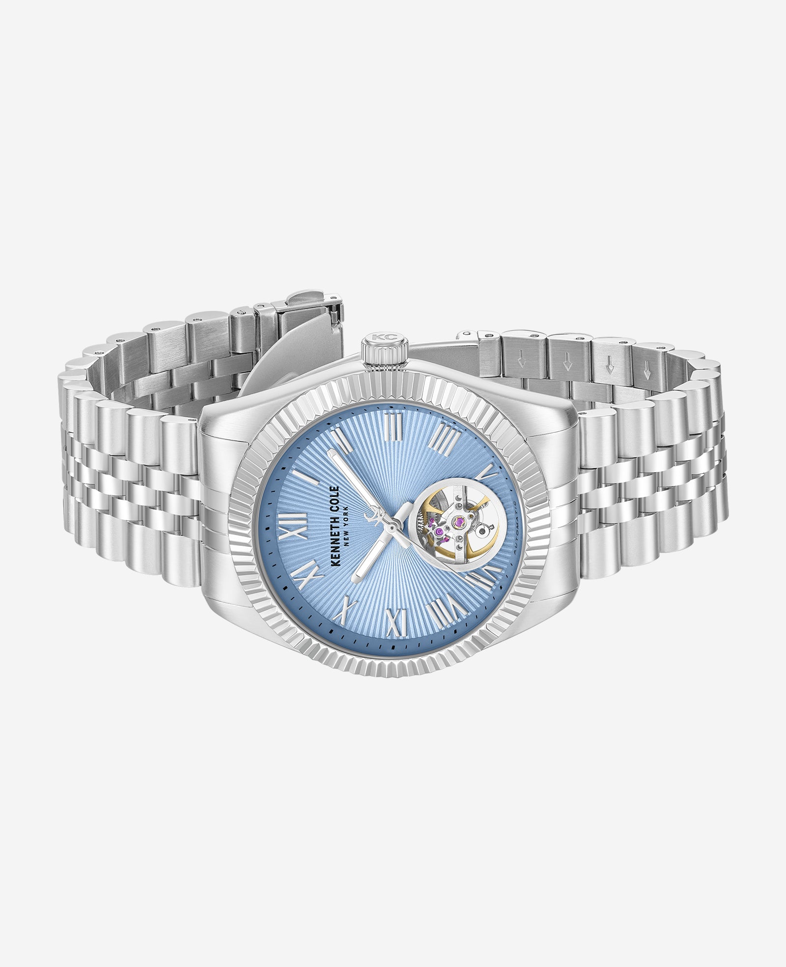 Kenneth Cole Reaction Watches Open Heart Automatic Bracelet Watch orologio automatico argento quadrante azzurro
