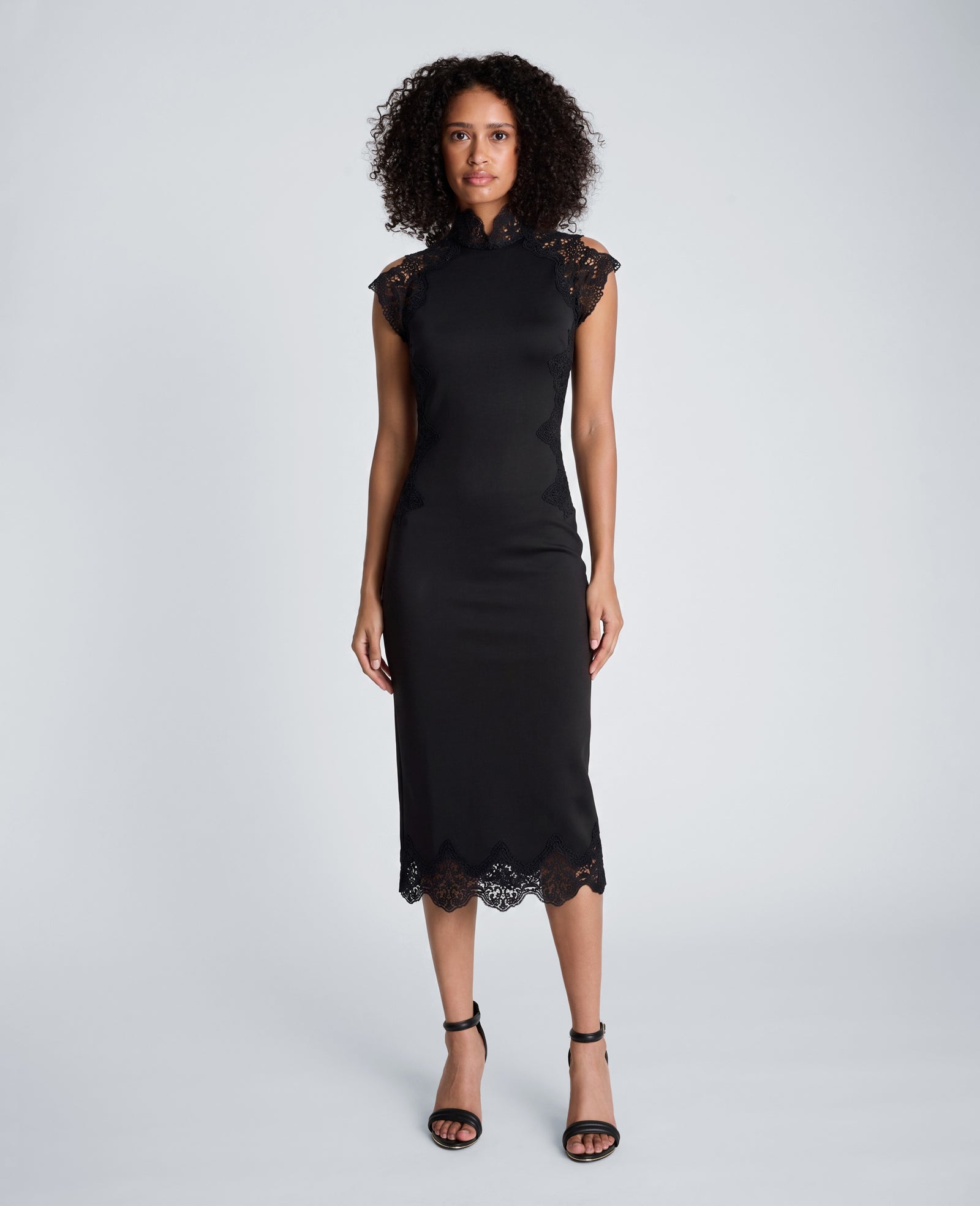 Kenneth Cole Reaction Mock Neck Lace Layered Midi Dress abito nero