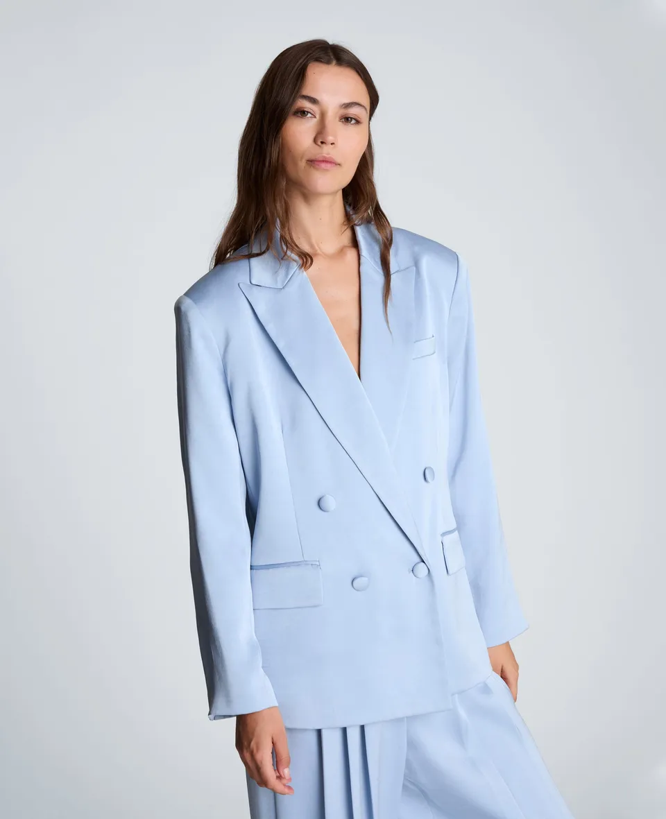Kenneth Cole Reaction Clothing Double Breasted Boyfriend Jacket giacca blu satinata