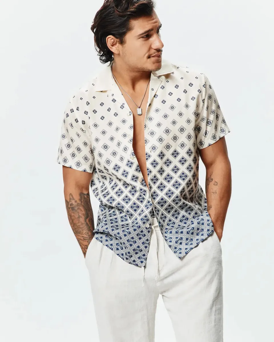 Psycho Bunny Men's Shirts Tobias Tencel Shirt camicia bianca fantasia