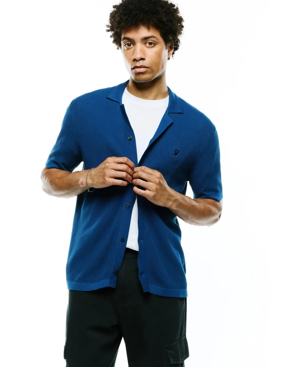 Psycho Bunny Men's Shirts Yann Knit Camp Shirt MT0300171 camicia blu regular fit