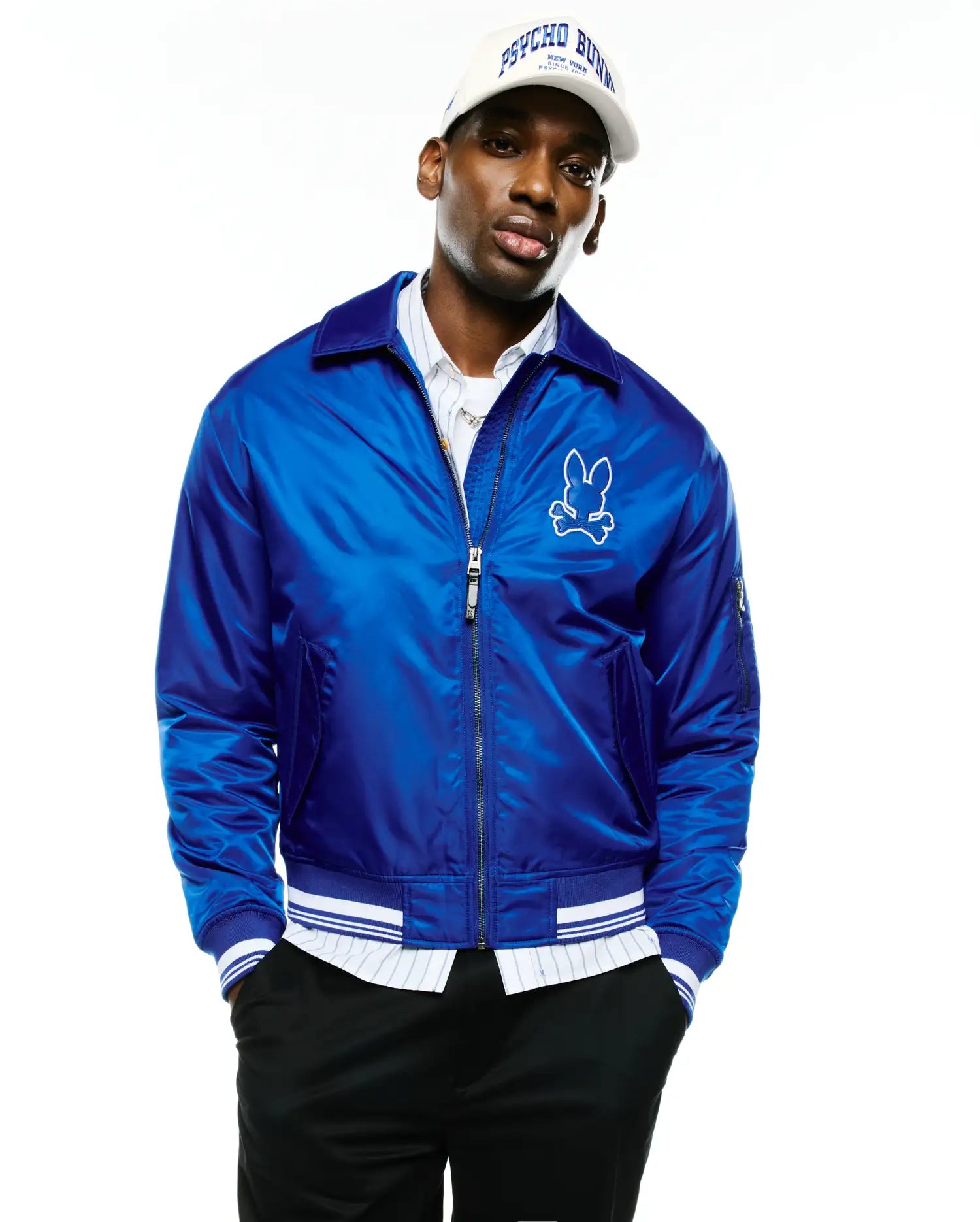 Psycho Bunny Jackets Men's Nathaniel Satin Coach Jacket MO1100068 giacca blu in raso