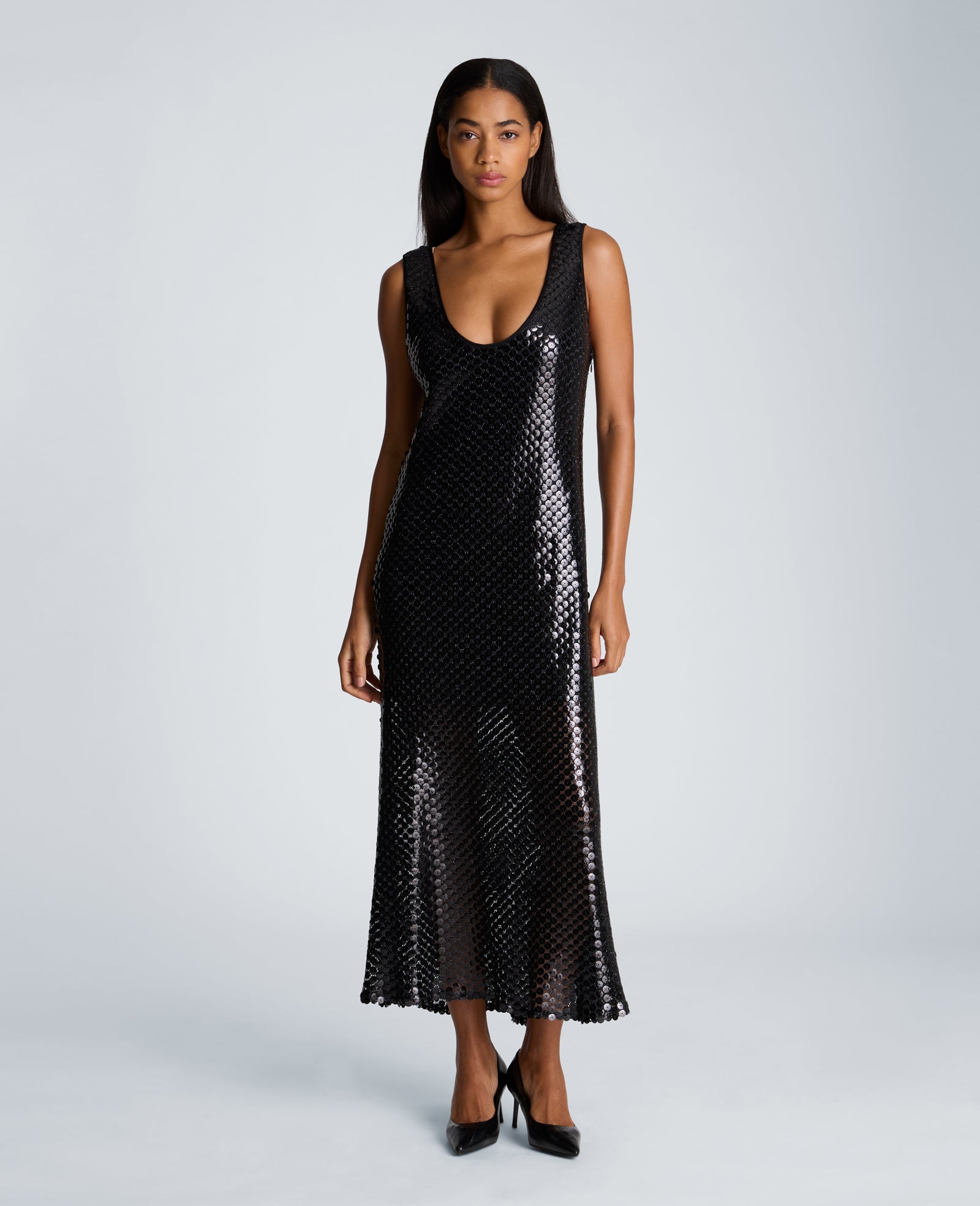 Kenneth Cole Reaction Clothing Tank Midi Slip Dress abito midi nero in mesh con paillettes