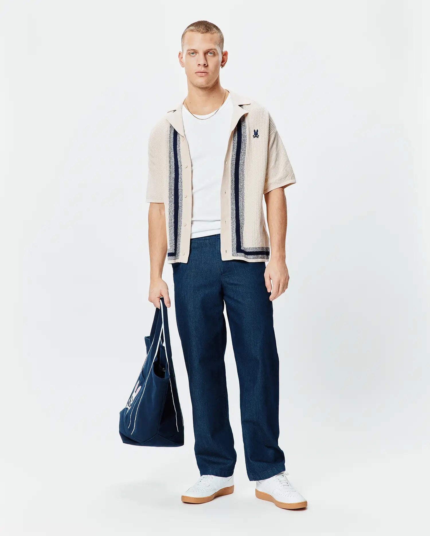 Psycho Bunny Men's Shirts Giles Relaxed Fit Border Knit Shirt camicia beige