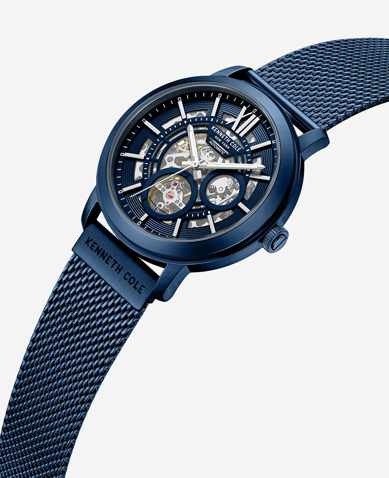 Kenneth Cole Reaction Watches Skeleton Automatic Blue-IP Stainless Steel Mesh Strap Watch orologio automatico blu